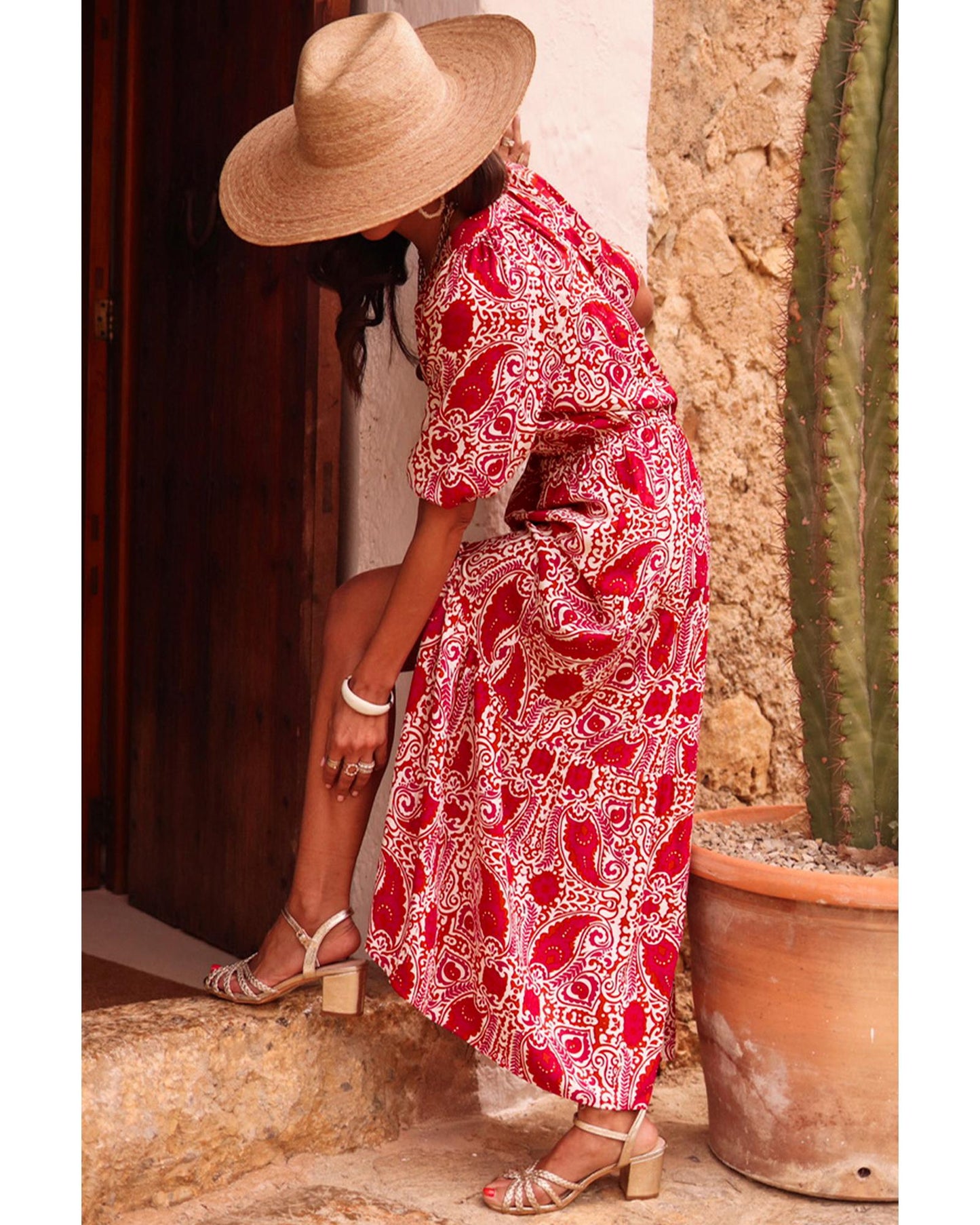 Red Paisley Print Side Slit Puff Sleeve High Waist Maxi Dress - S