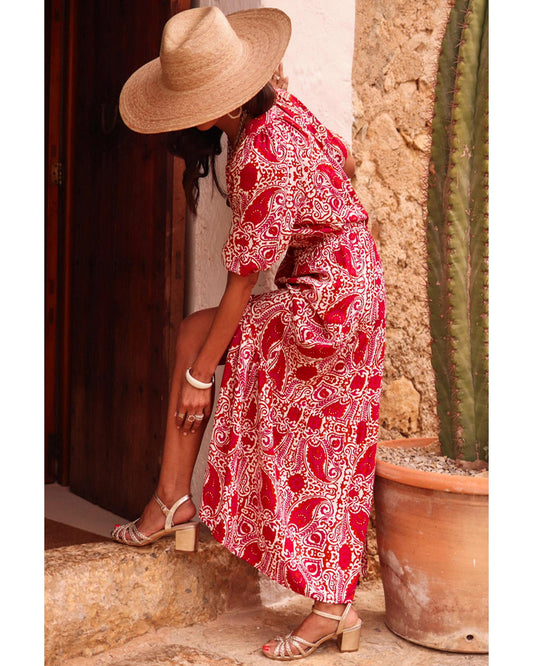 Red Paisley Print Side Slit Puff Sleeve High Waist Maxi Dress - S