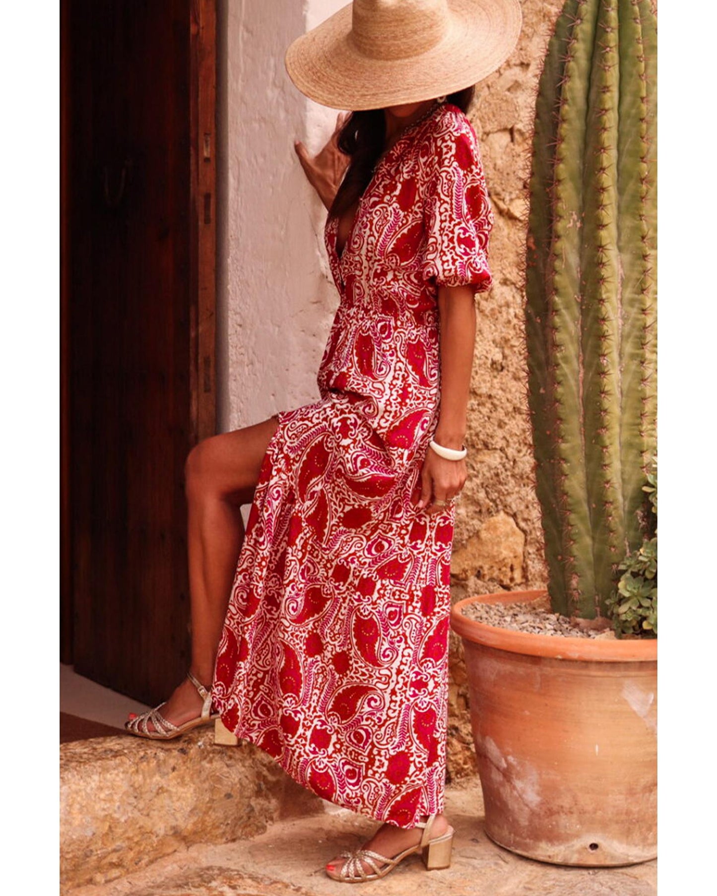 Red Paisley Print Side Slit Puff Sleeve High Waist Maxi Dress - S