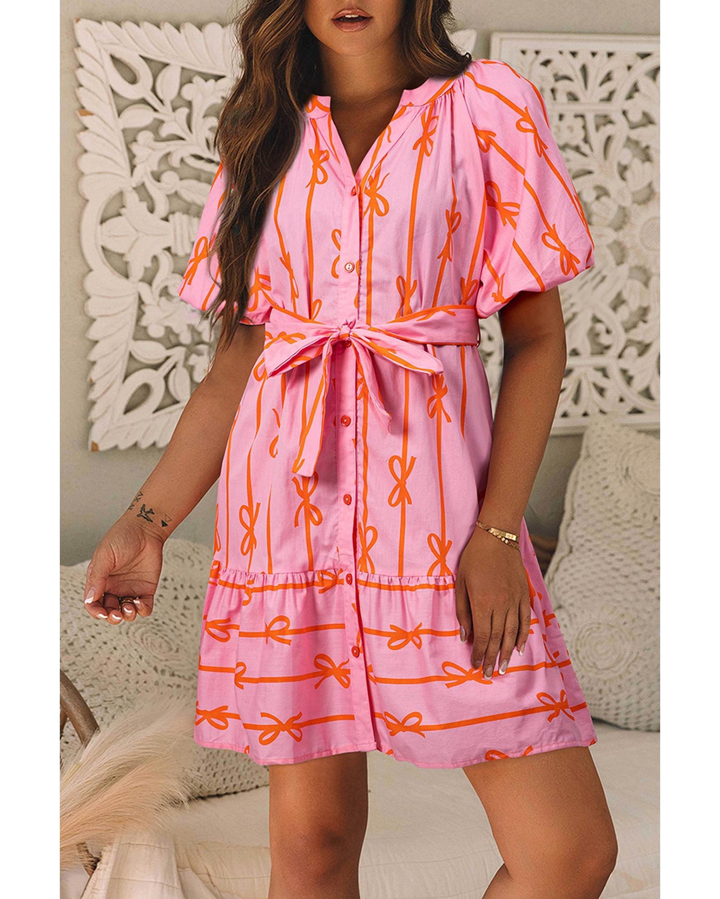 Pink Bowknot Striped Printed Bubble Sleeve Buttoned Belted Mini Dress