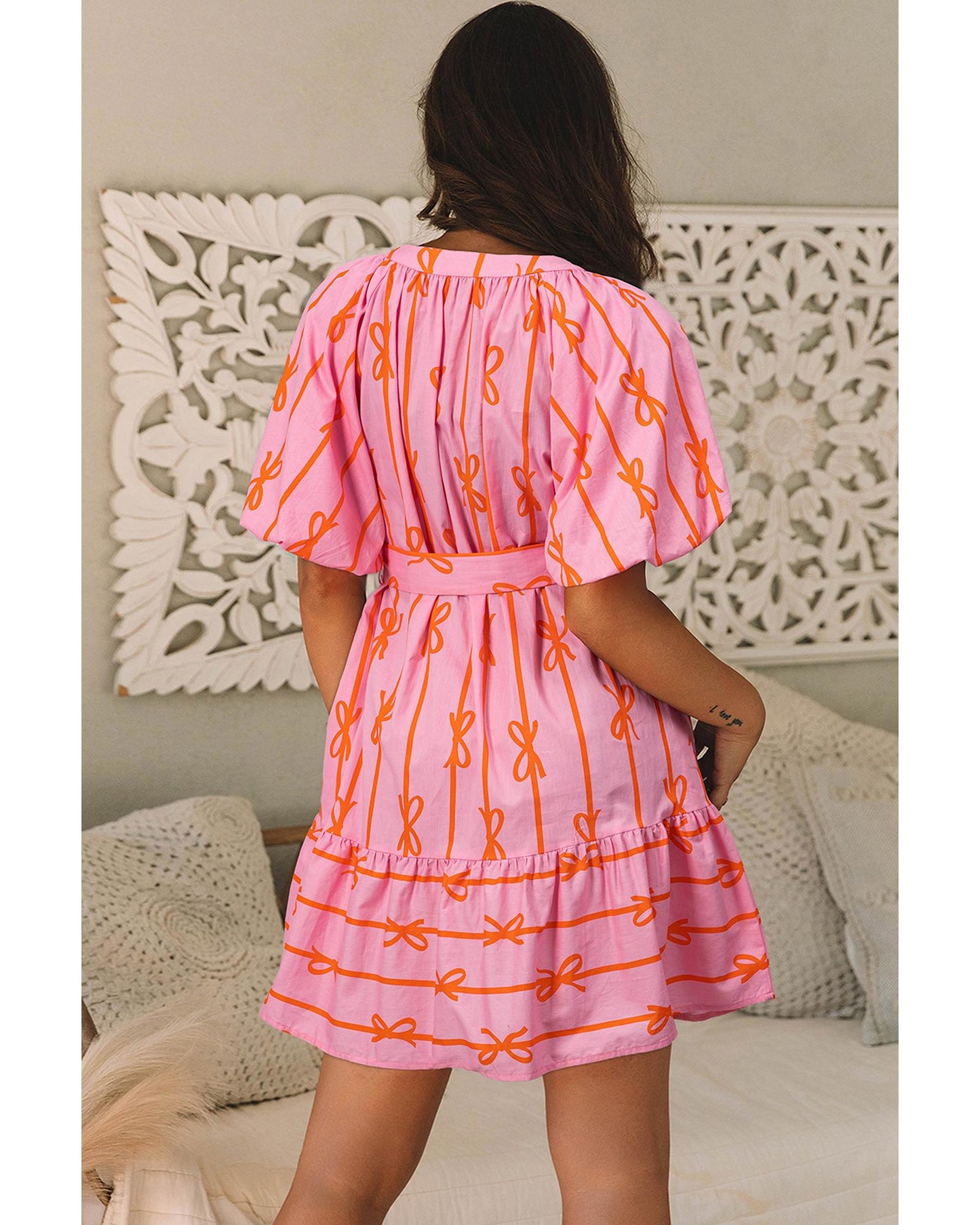 Pink Bowknot Striped Printed Bubble Sleeve Buttoned Belted Mini Dress