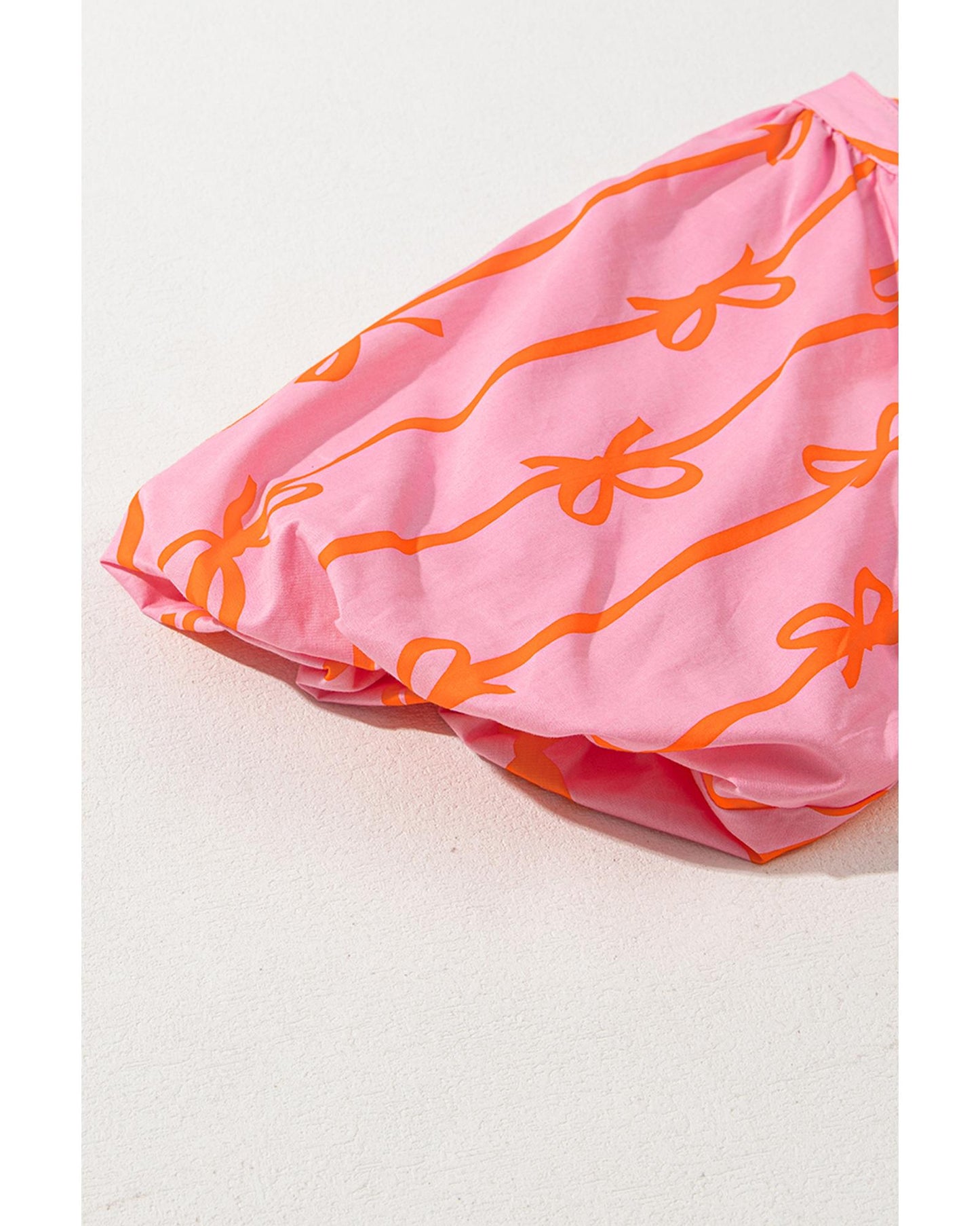 Pink Bowknot Striped Printed Bubble Sleeve Buttoned Belted Mini Dress - M