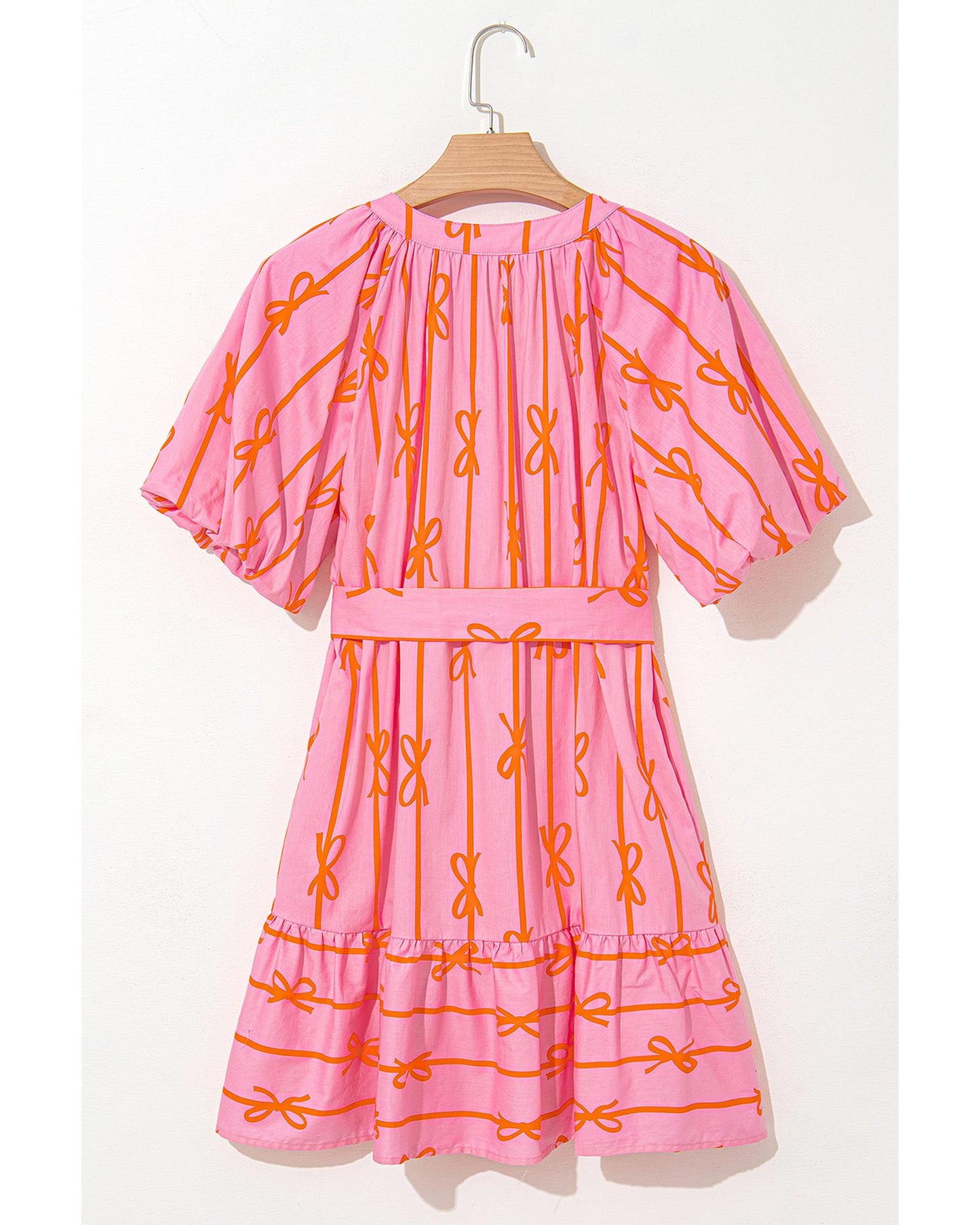 Pink Bowknot Striped Printed Bubble Sleeve Buttoned Belted Mini Dress - M