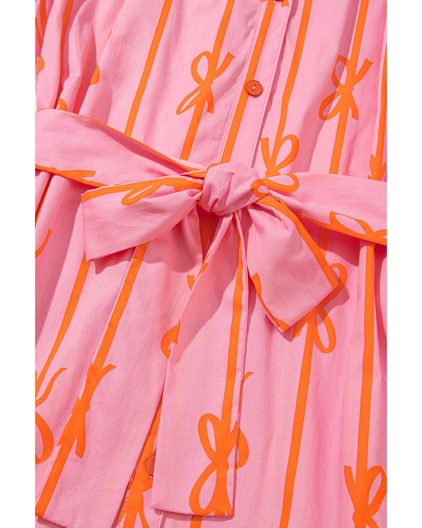 Pink Bowknot Striped Printed Bubble Sleeve Buttoned Belted Mini Dress - M