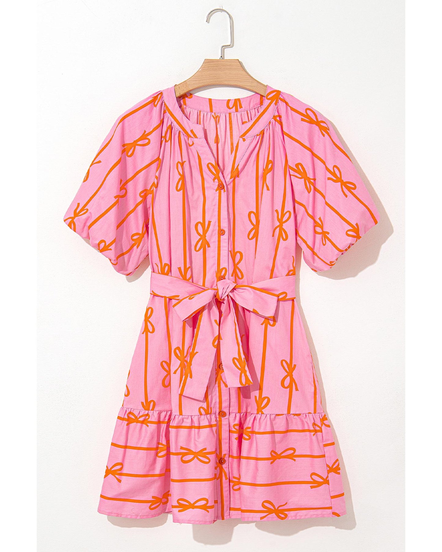 Pink Bowknot Striped Printed Bubble Sleeve Buttoned Belted Mini Dress - M