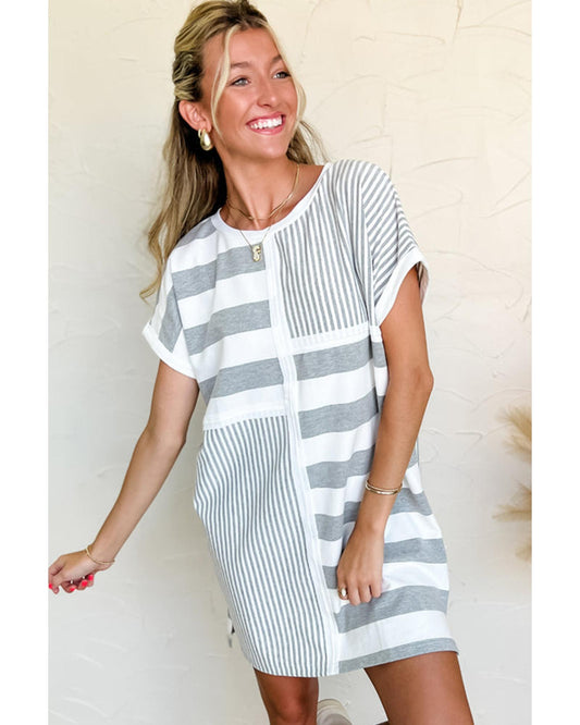 Azura Exchange Gray Stripe Mixed Printed Short Sleeve Shift Mini T Shirt Dress - S