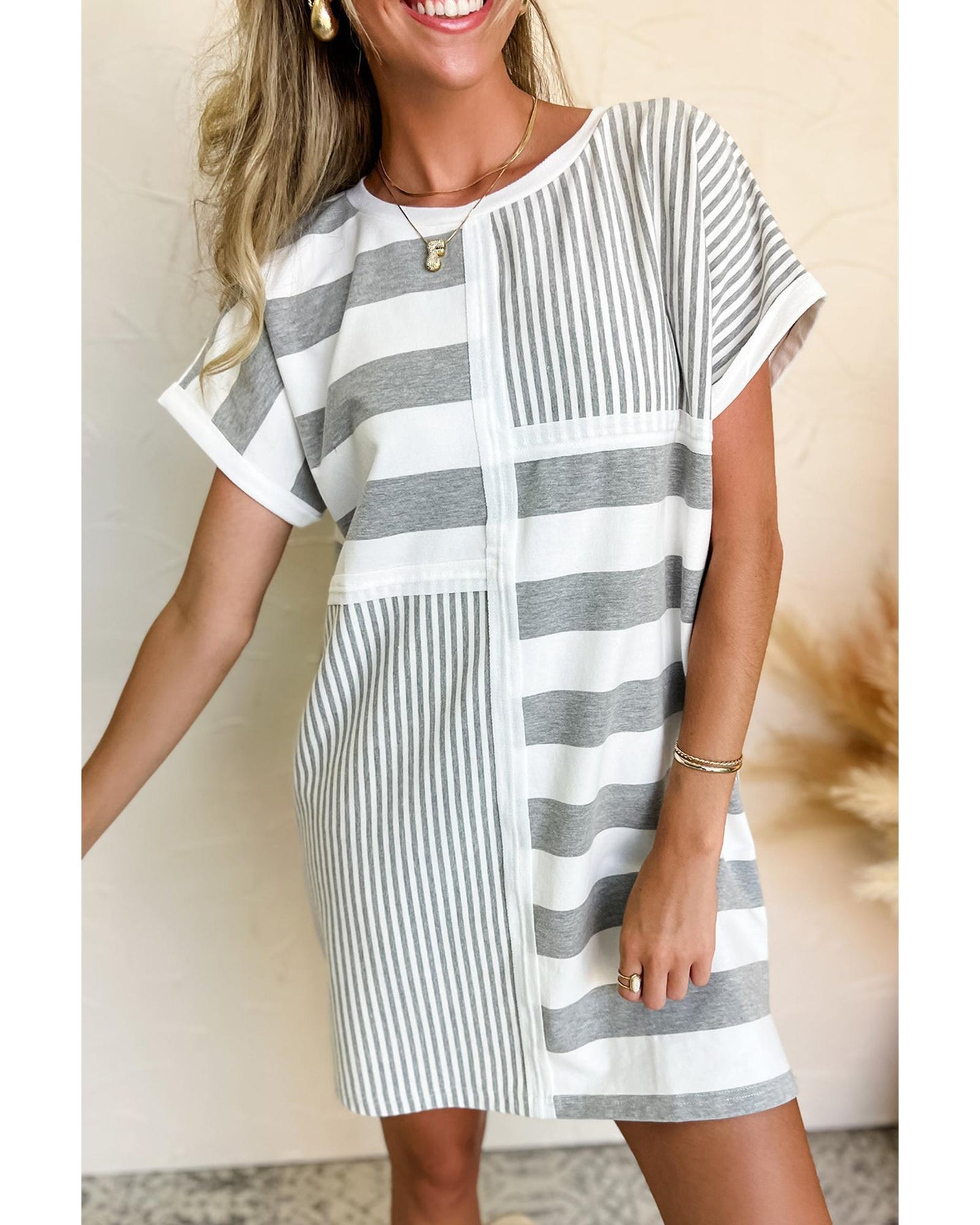 Azura Exchange Gray Stripe Mixed Printed Short Sleeve Shift Mini T Shirt Dress - S