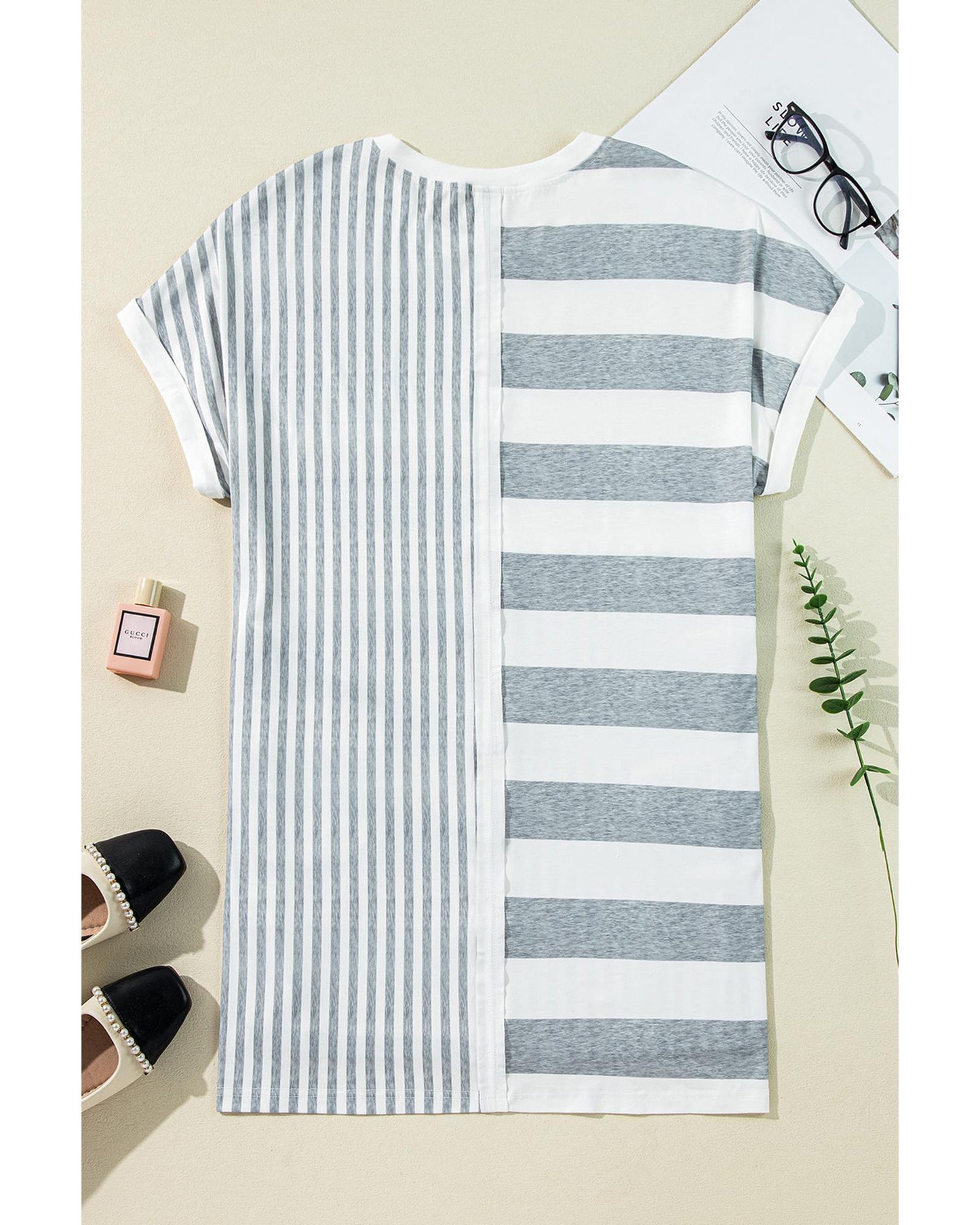 Azura Exchange Gray Stripe Mixed Printed Short Sleeve Shift Mini T Shirt Dress - S