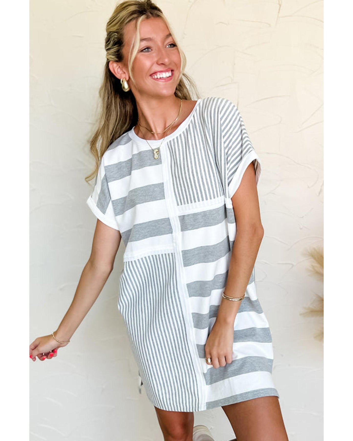 Azura Exchange Gray Stripe Mixed Printed Short Sleeve Shift Mini T Shirt Dress - XL