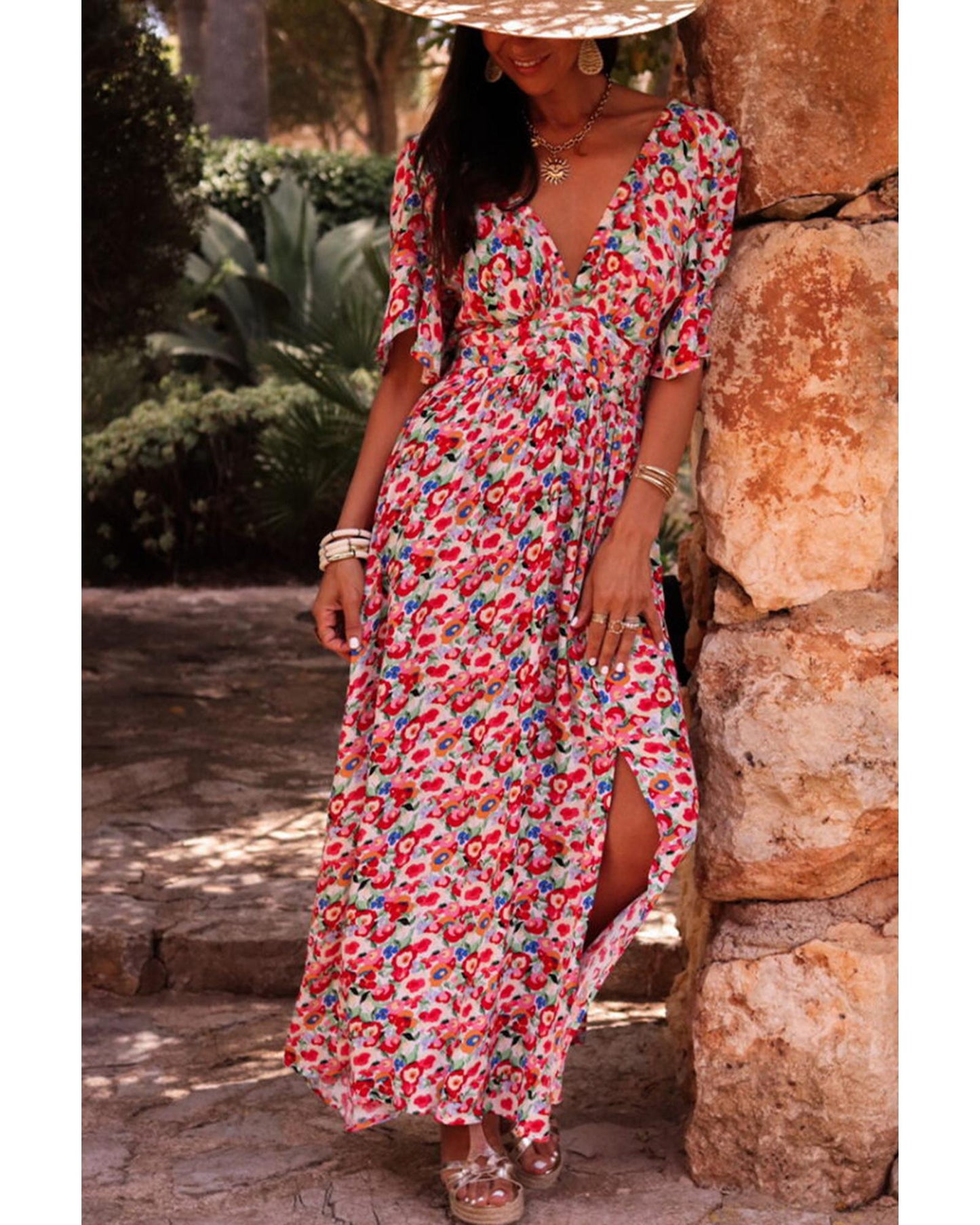 Red Floral Half Sleeve Deep V Neck Cutout Back Split Maxi Dress - L