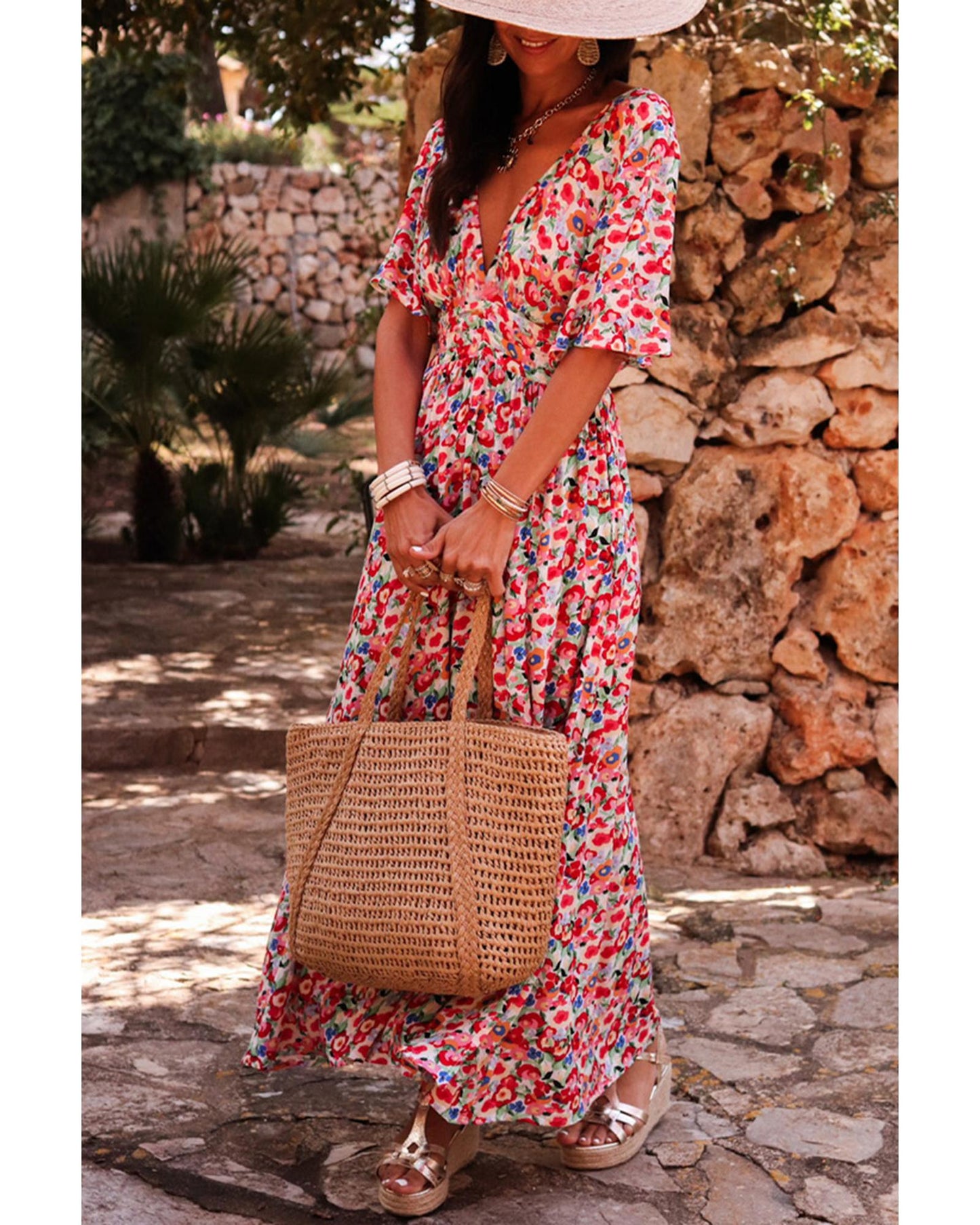 Red Floral Half Sleeve Deep V Neck Cutout Back Split Maxi Dress - M