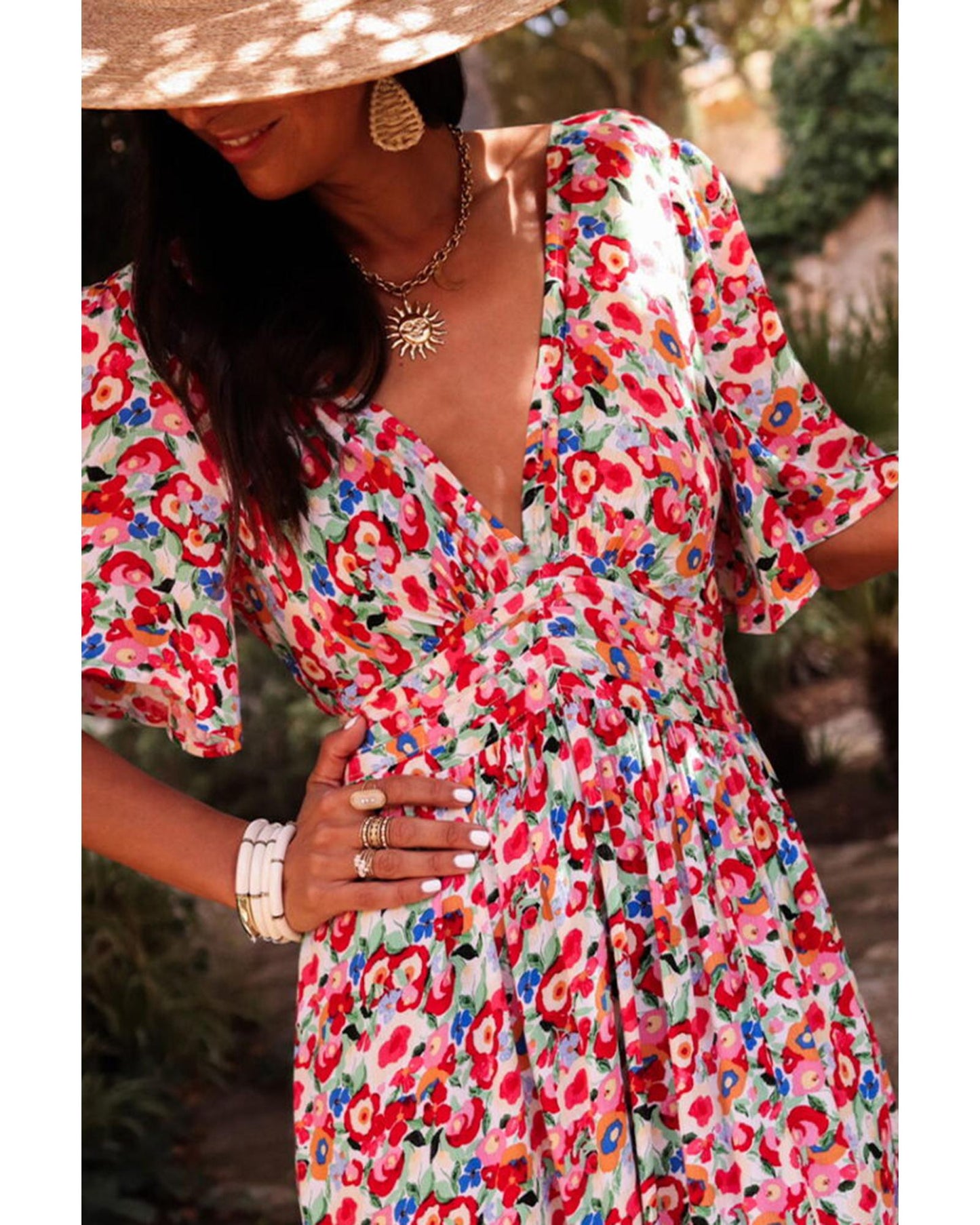 Red Floral Half Sleeve Deep V Neck Cutout Back Split Maxi Dress - M