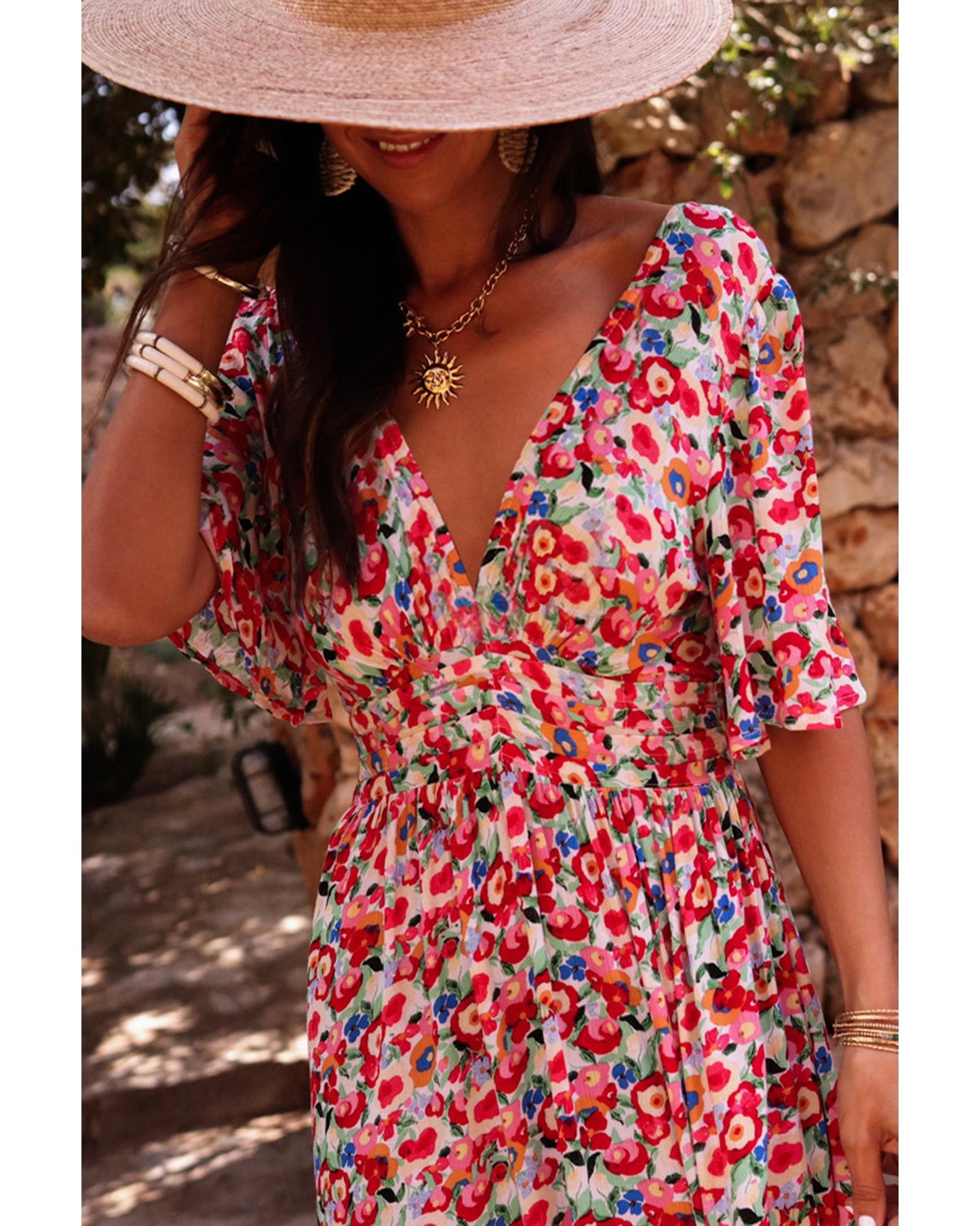 Red Floral Half Sleeve Deep V Neck Cutout Back Split Maxi Dress - M