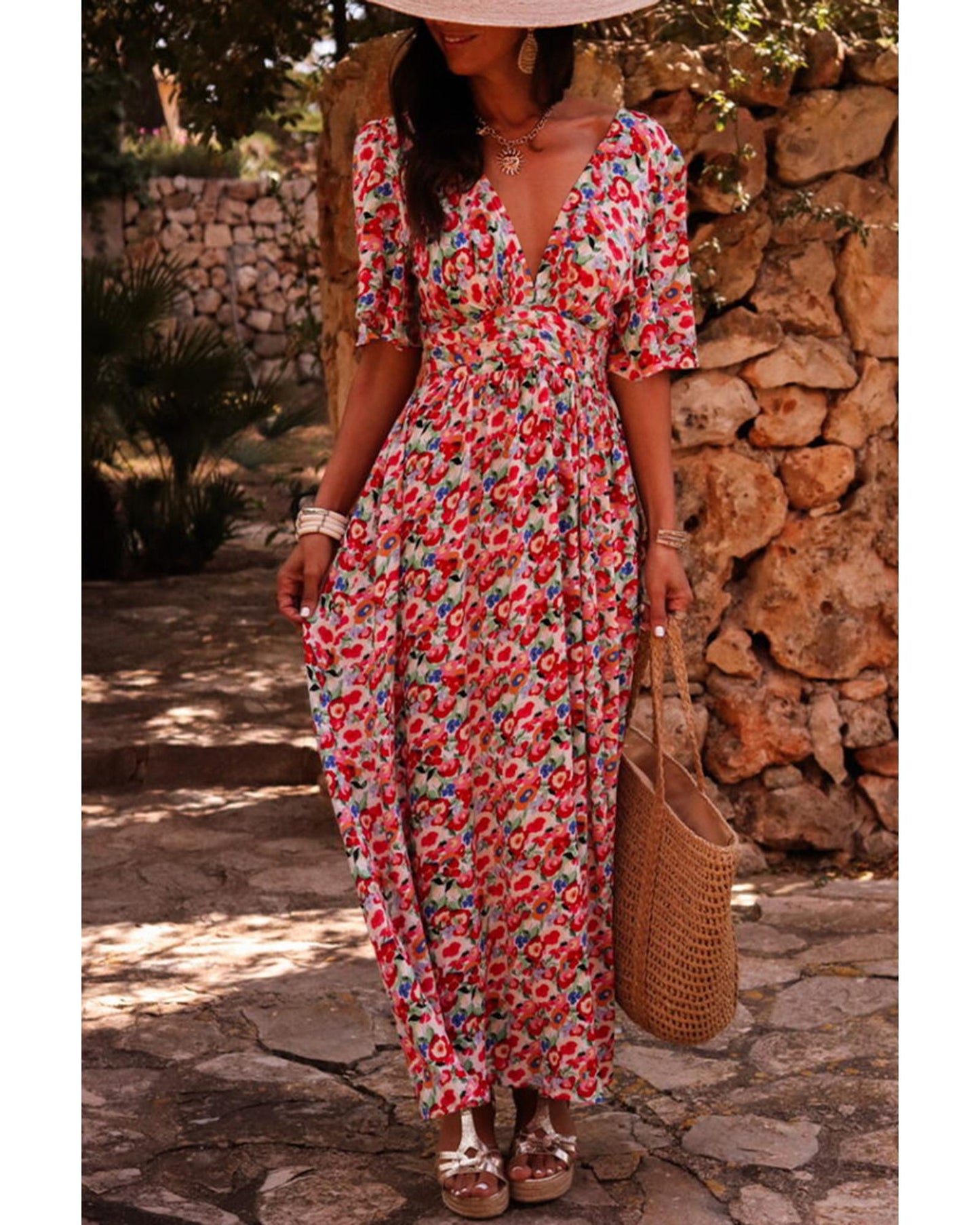 Red Floral Half Sleeve Deep V Neck Cutout Back Split Maxi Dress - S