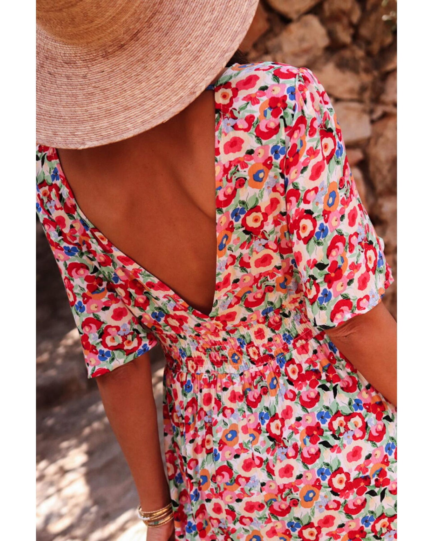 Red Floral Half Sleeve Deep V Neck Cutout Back Split Maxi Dress - XL