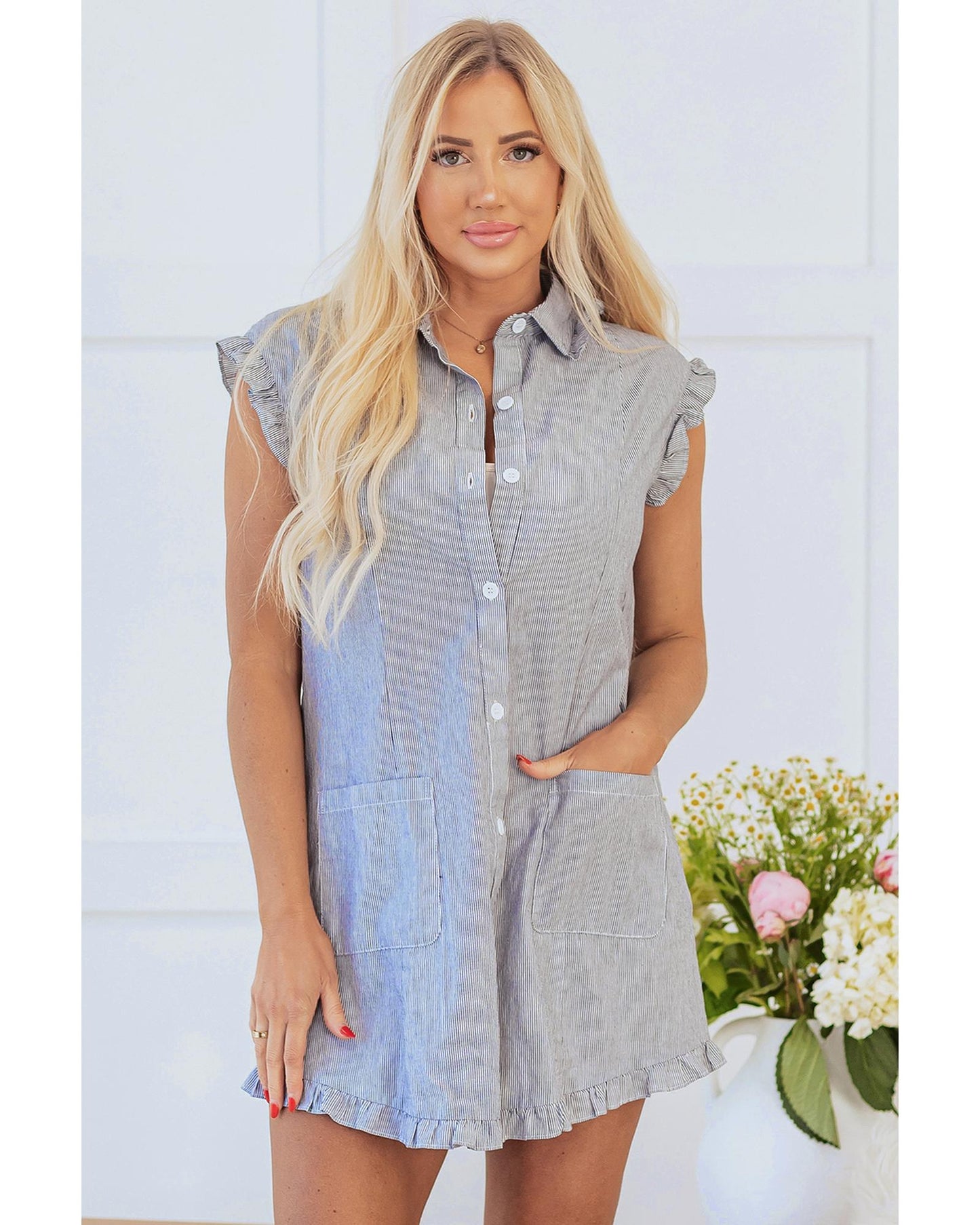 Blue Stripe Frilled Sleeveless Collar Front Pocket Button Up Mini Dress - L
