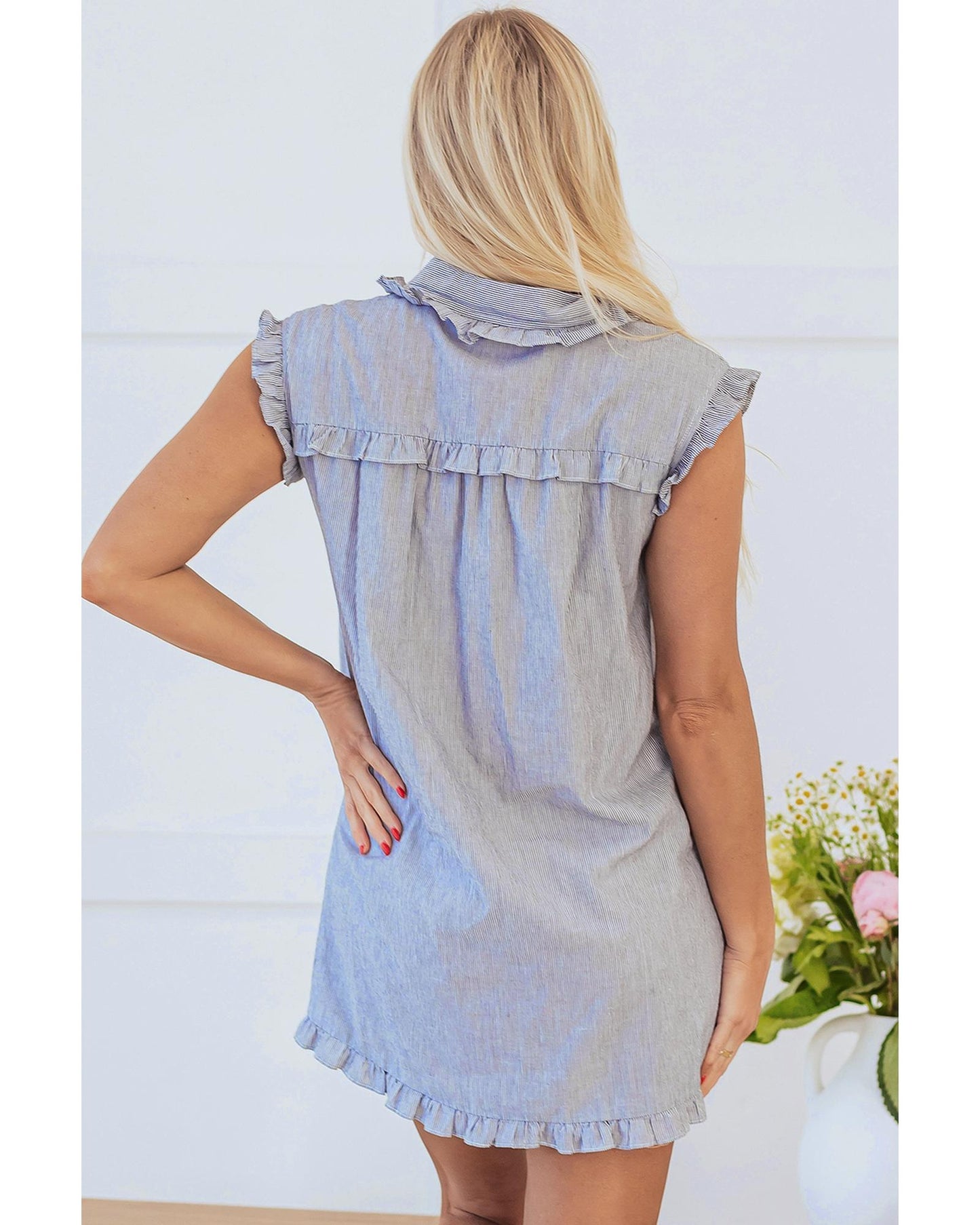Blue Stripe Frilled Sleeveless Collar Front Pocket Button Up Mini Dress - S