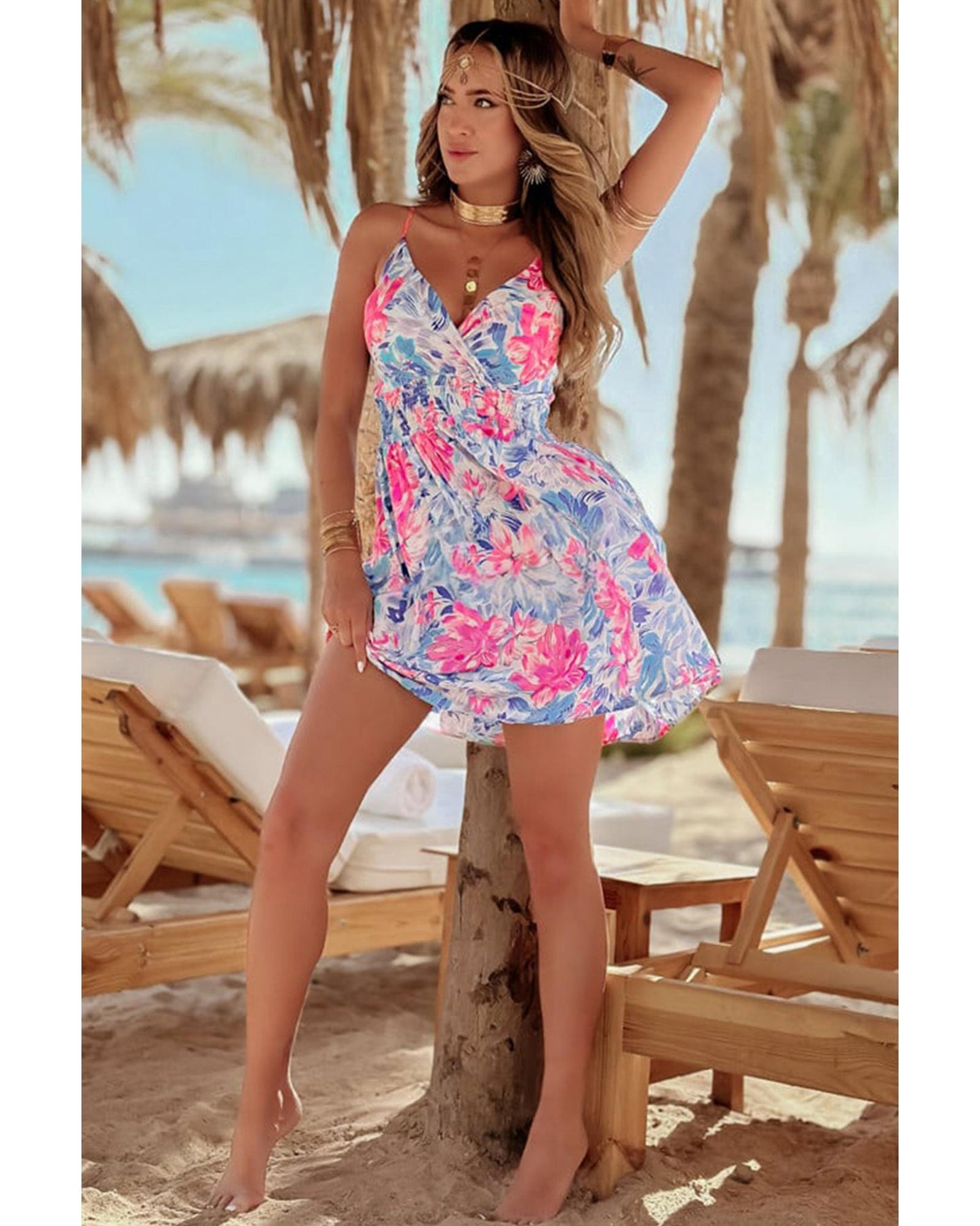 Sky Blue Floral Spaghetti Strap Surplice Neck Shirred Waist Mini Dress - S