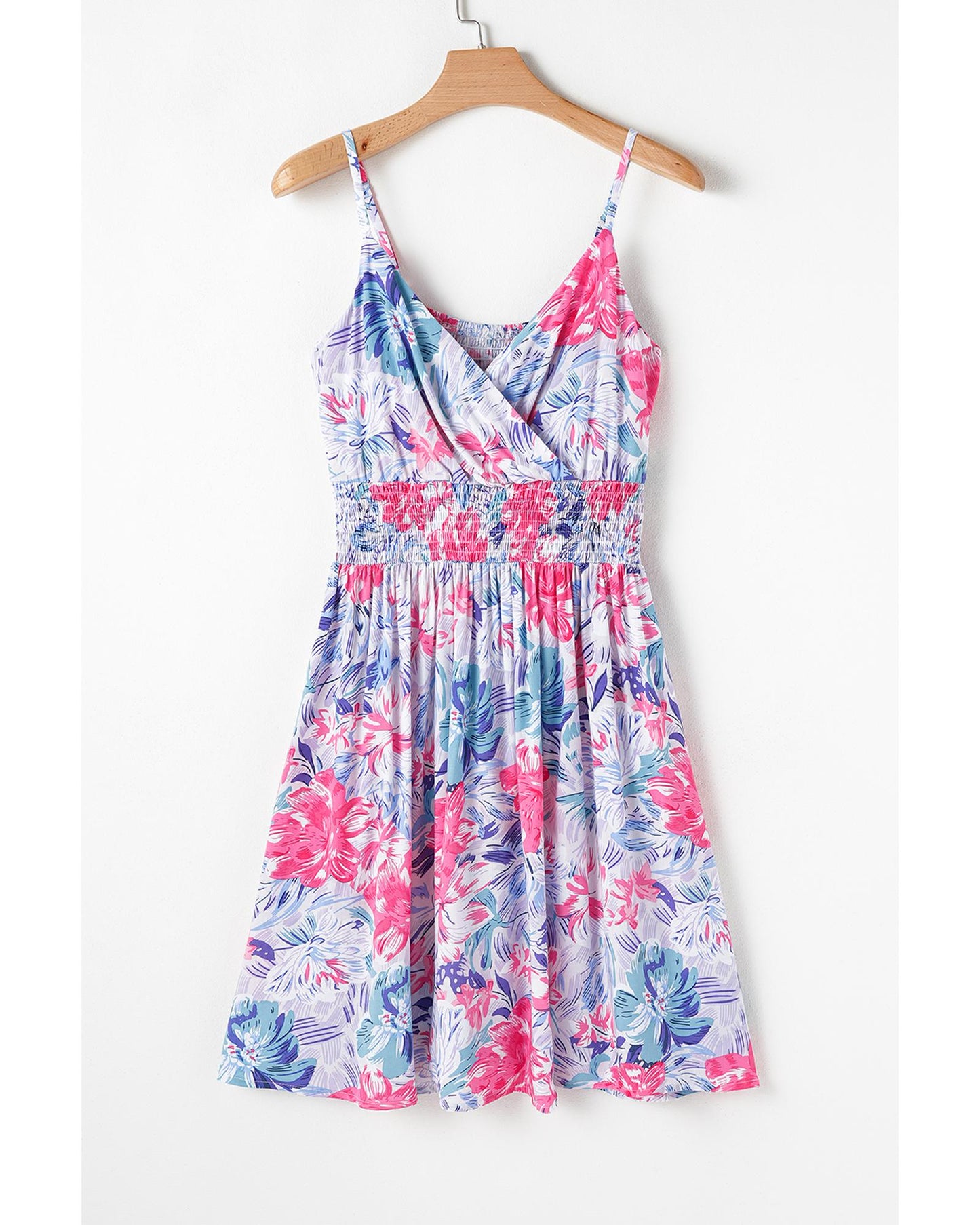 Sky Blue Floral Spaghetti Strap Surplice Neck Shirred Waist Mini Dress - S