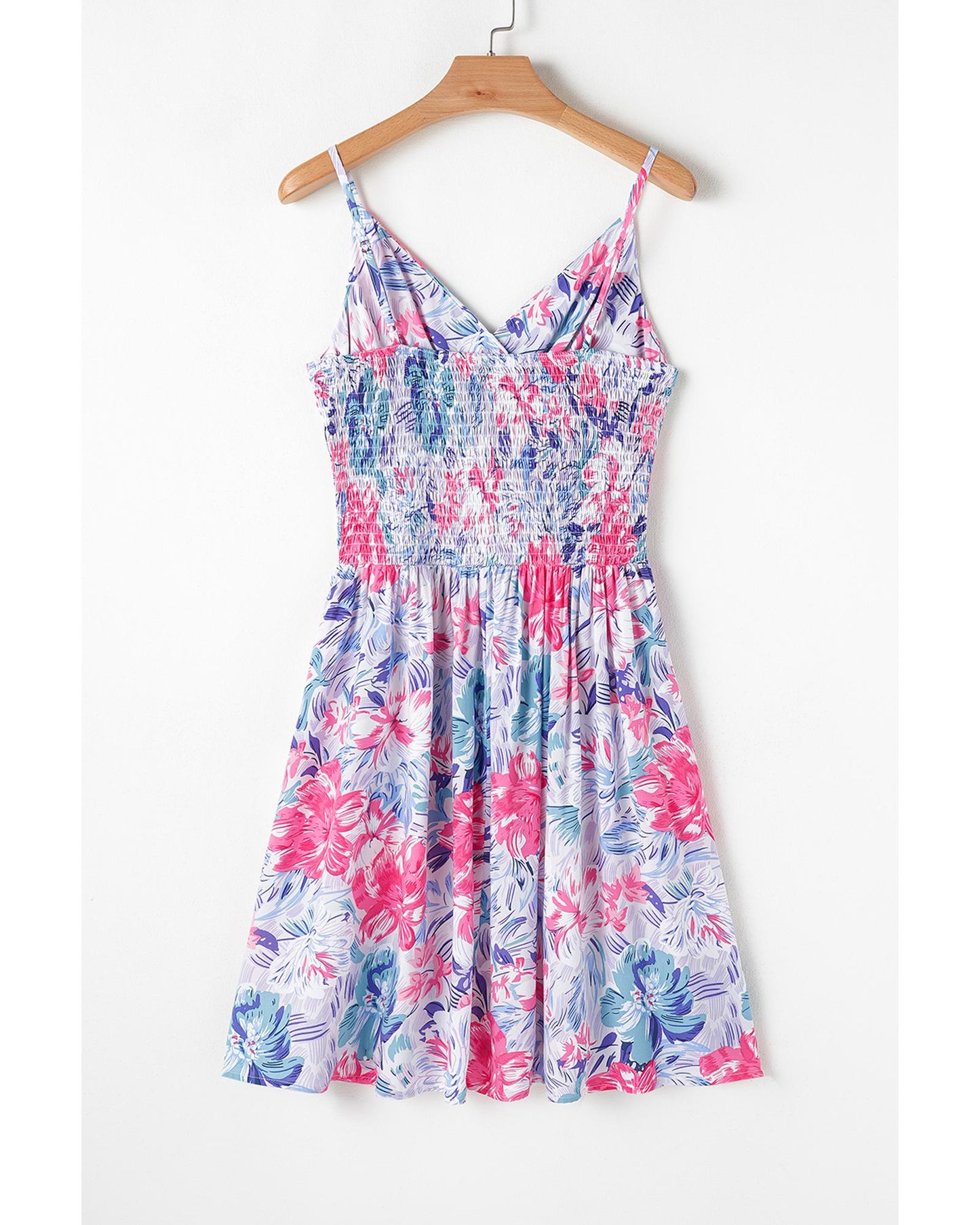 Sky Blue Floral Spaghetti Strap Surplice Neck Shirred Waist Mini Dress - XL