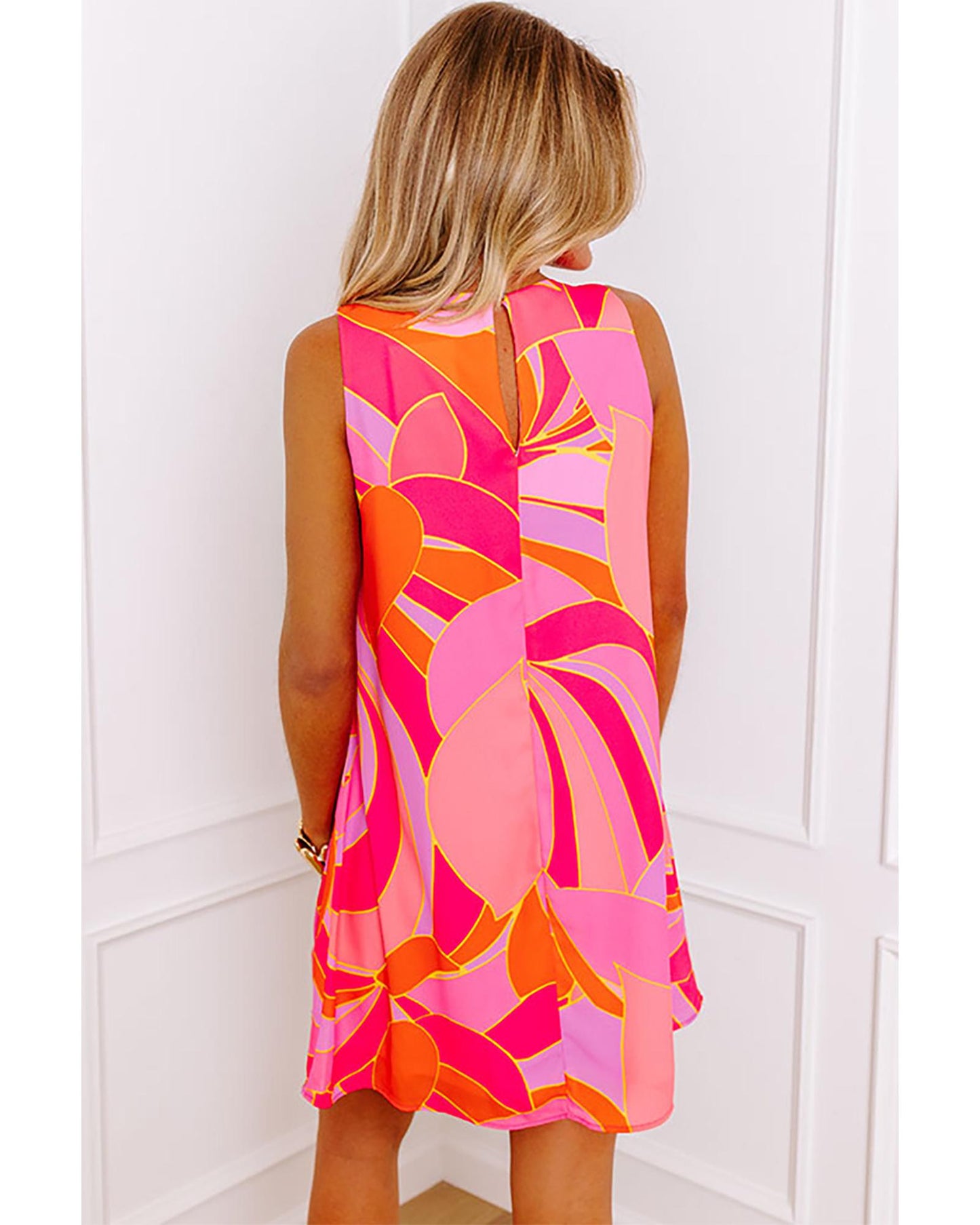 Rose Abstract Floral Print Sleeveless Shift Mini Dress - M