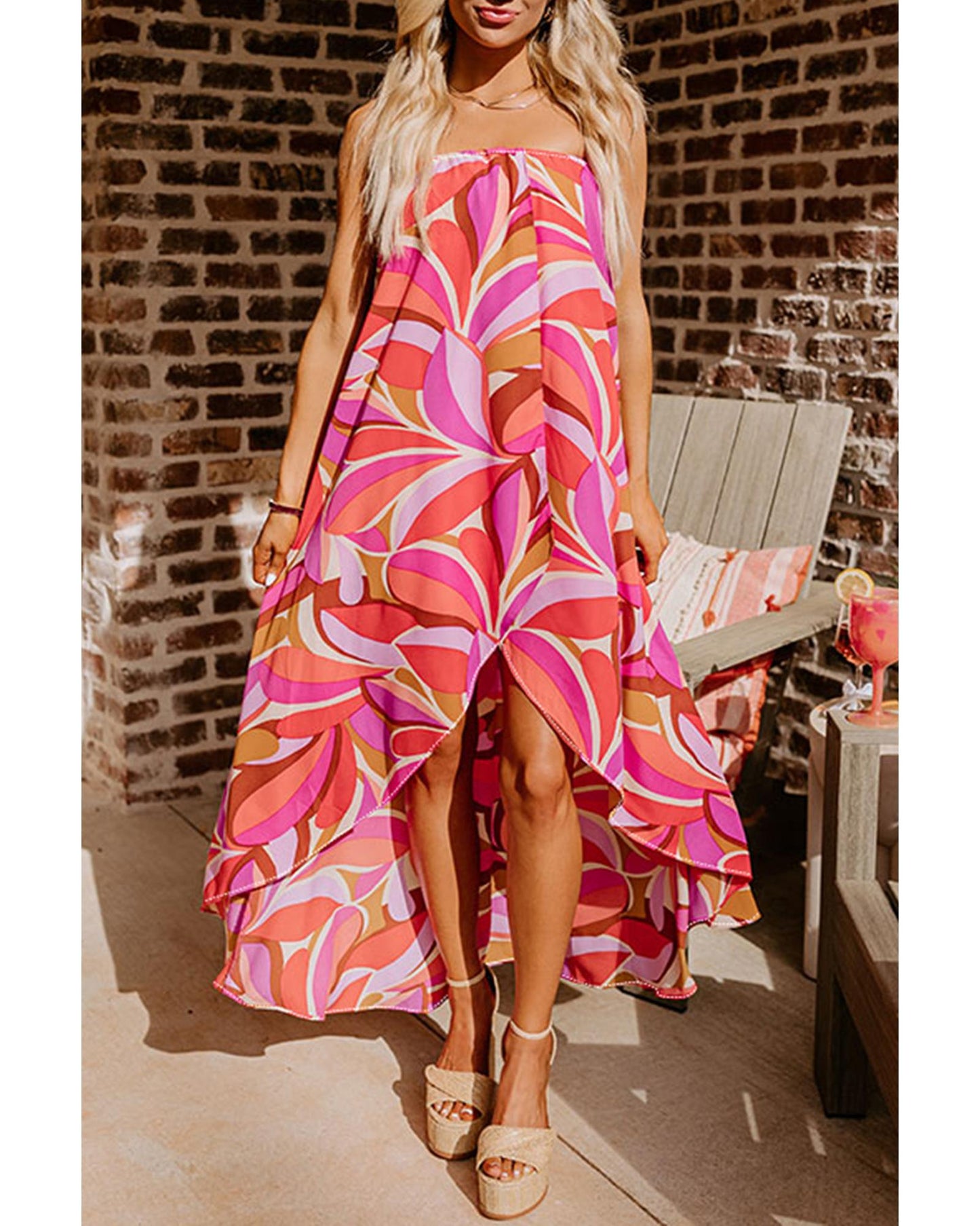 Rose Floral High Low Bandeau Vacay Dress - L