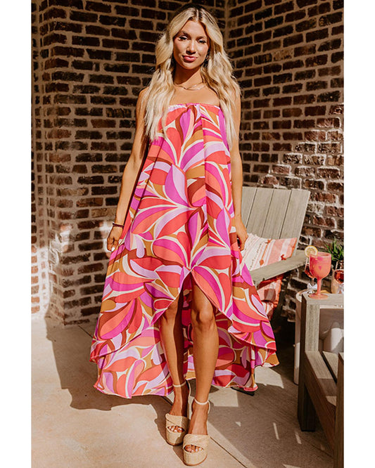 Rose Floral High Low Bandeau Vacay Dress - M