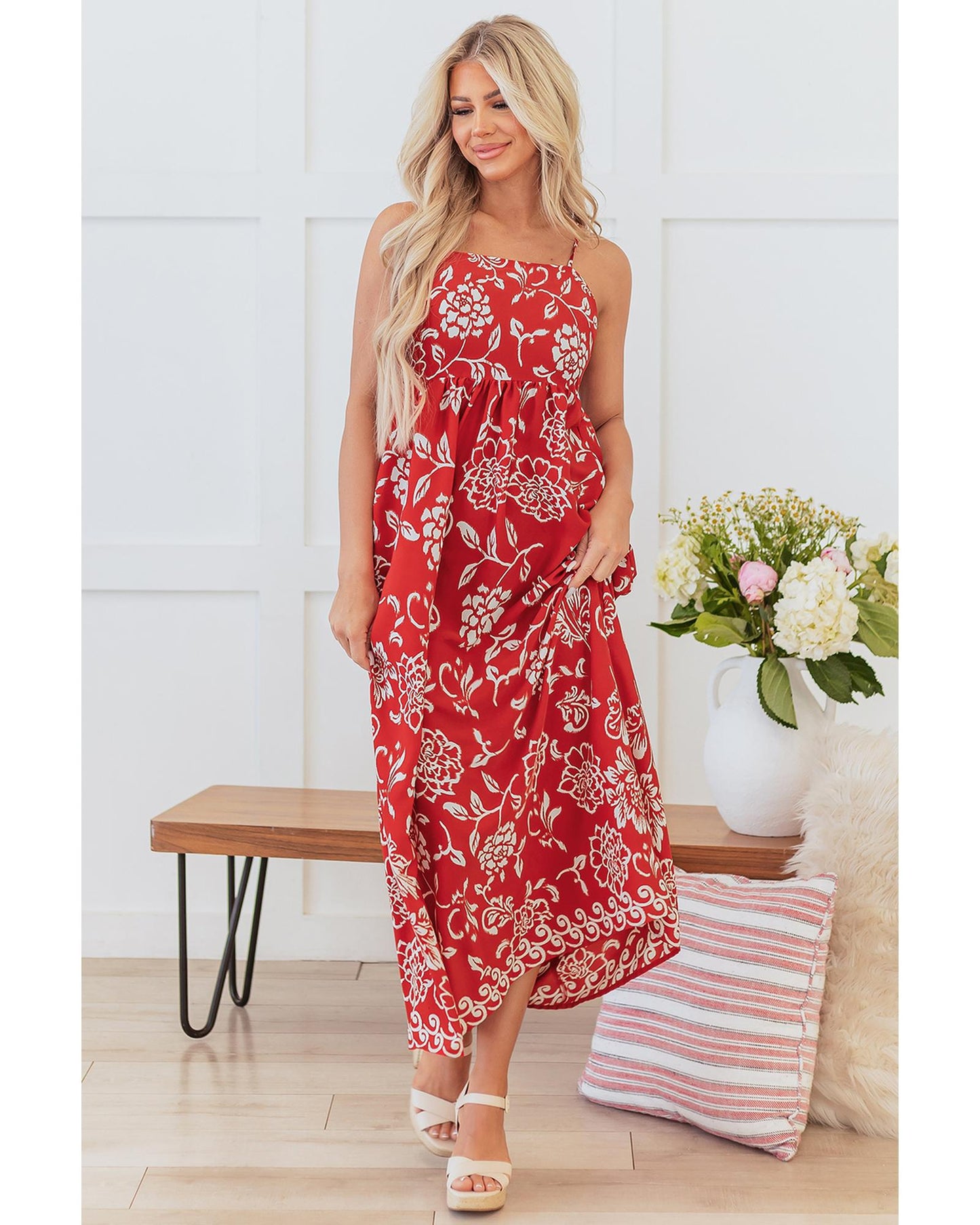 Red Floral Printed Spaghetti Strap Empire Waist Maxi Dress - L