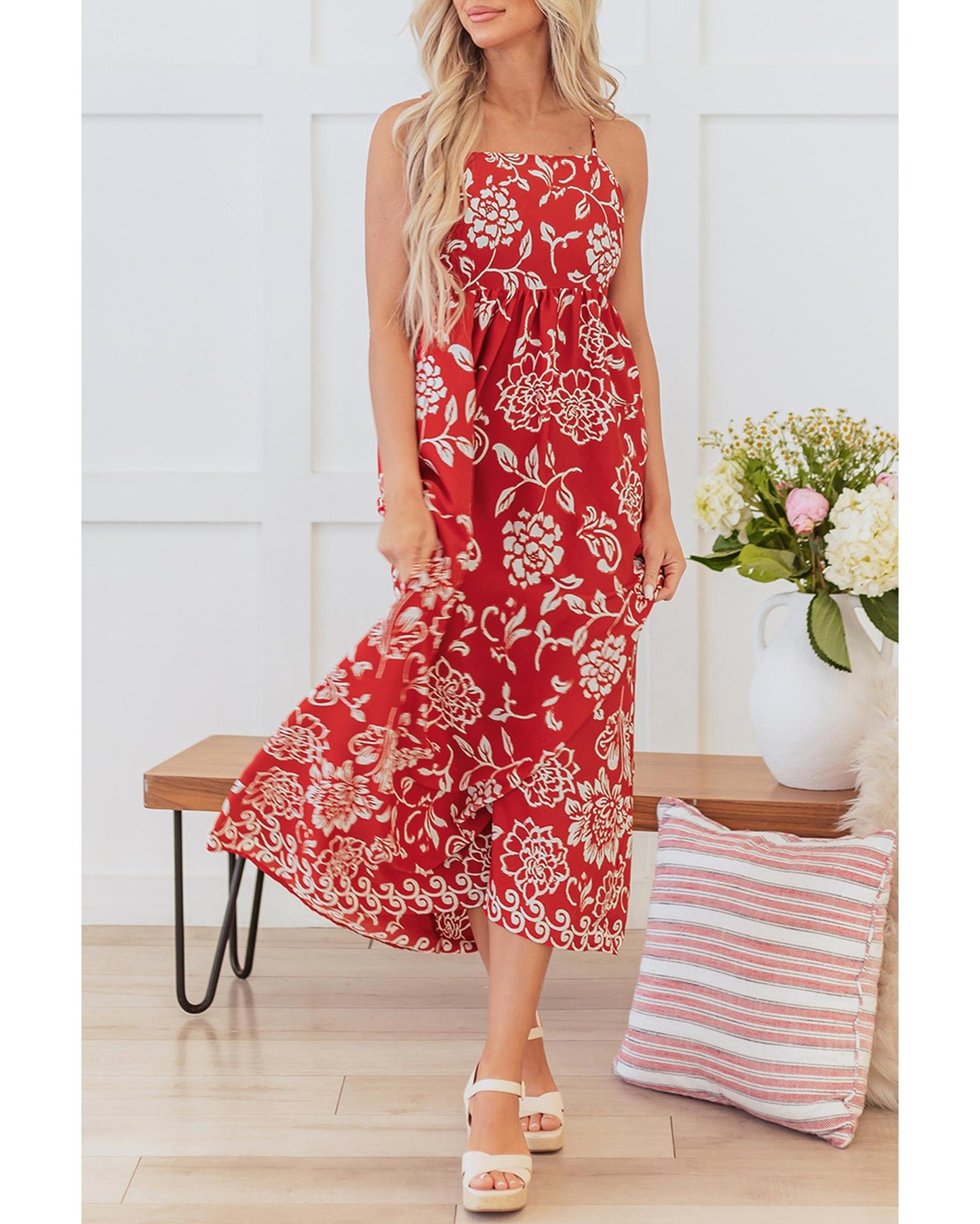 Red Floral Printed Spaghetti Strap Empire Waist Maxi Dress - L