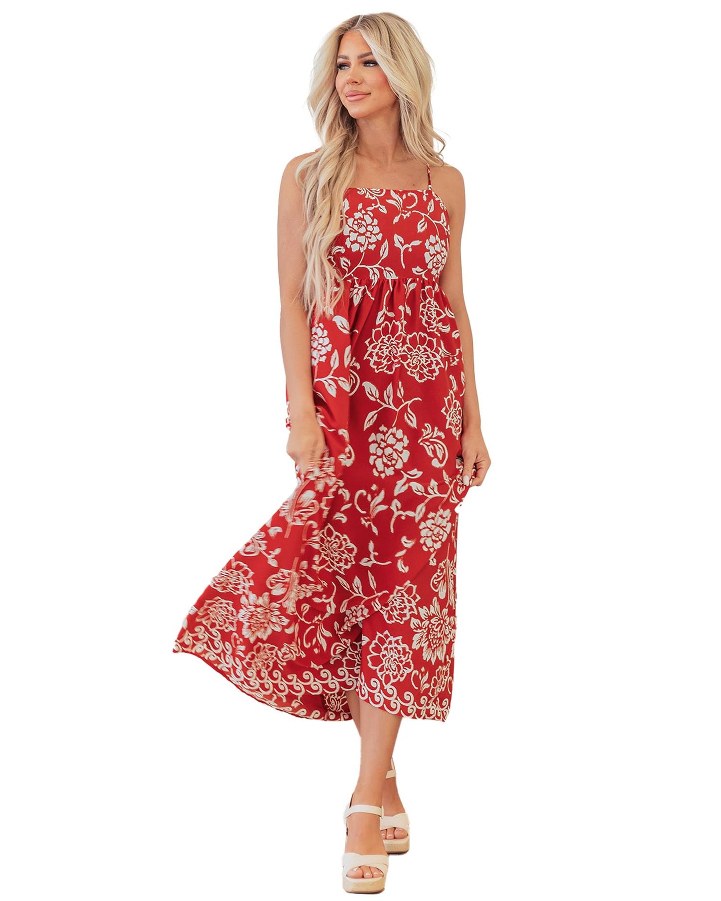 Red Floral Printed Spaghetti Strap Empire Waist Maxi Dress - S
