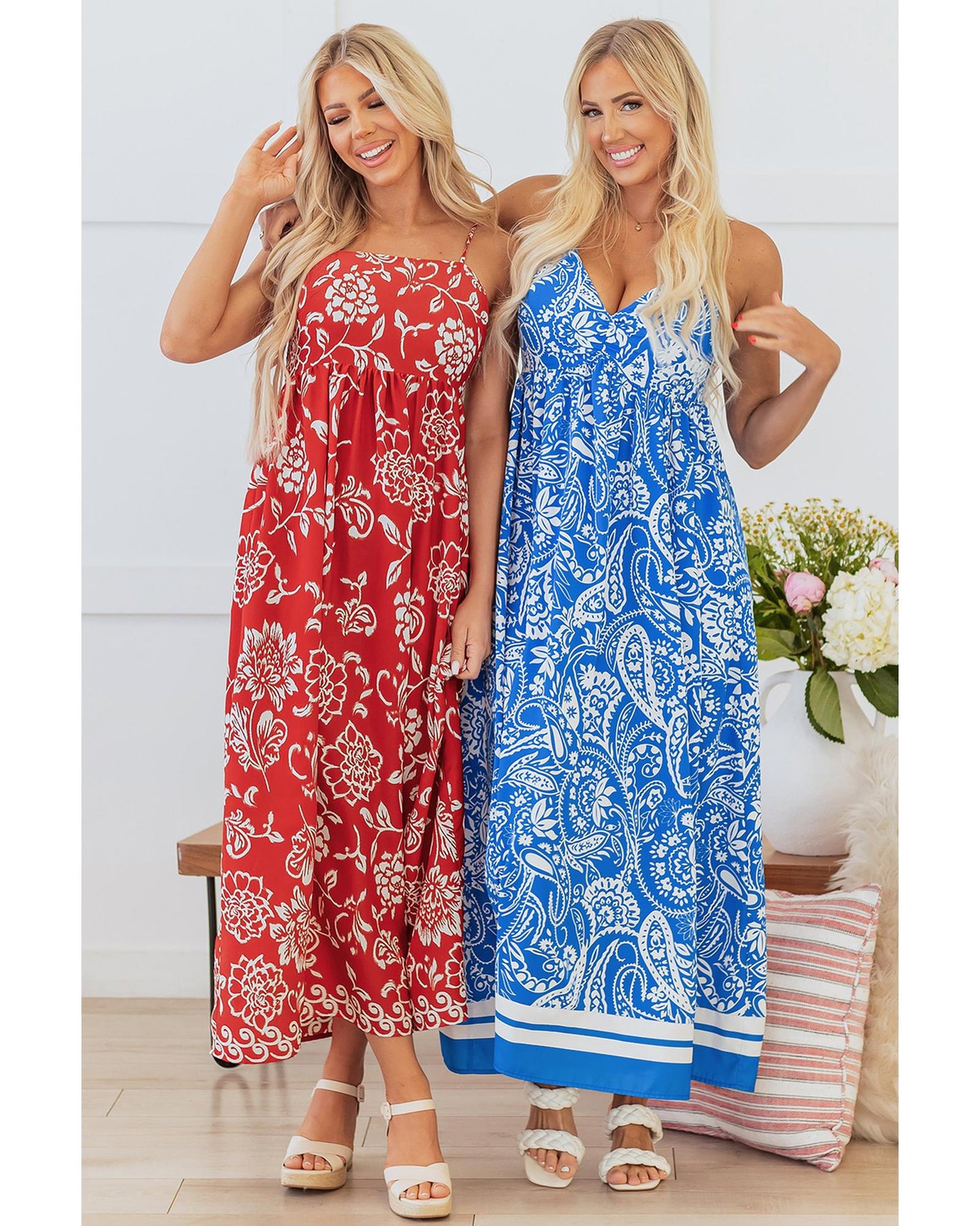 Red Floral Printed Spaghetti Strap Empire Waist Maxi Dress - S