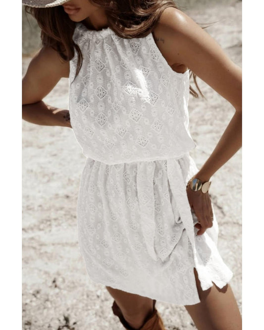 White Lace Sleeveless Knot Hollow Out Back Tied Waist Mini Dress - S