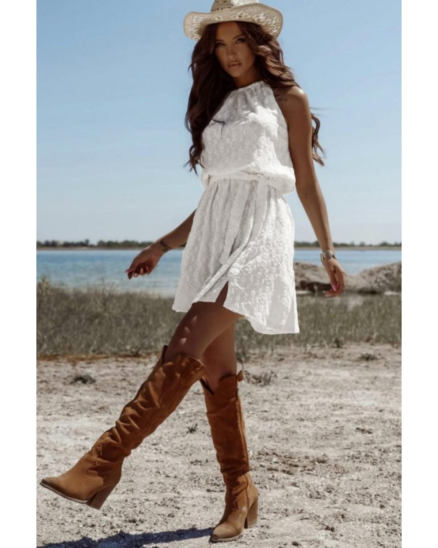 White Lace Sleeveless Knot Hollow Out Back Tied Waist Mini Dress - S