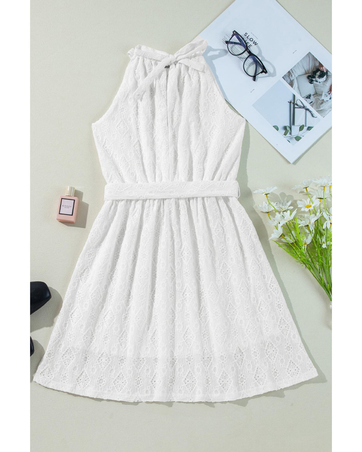 White Lace Sleeveless Knot Hollow Out Back Tied Waist Mini Dress - S