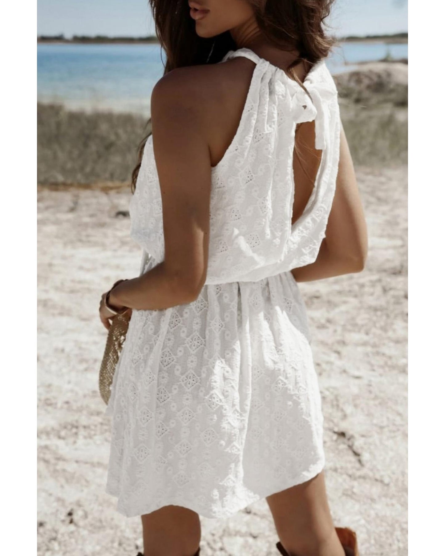 White Lace Sleeveless Knot Hollow Out Back Tied Waist Mini Dress - XL