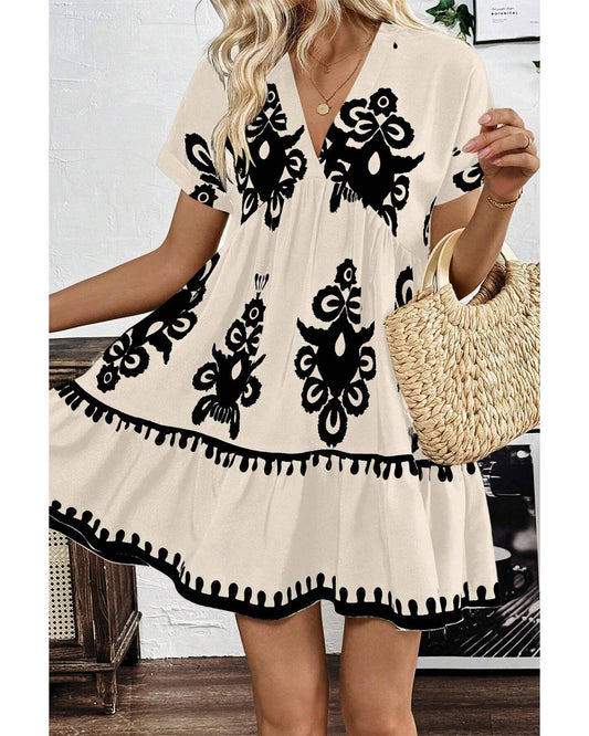 Black Vintage Print V Neck High Waist Short Sleeve Dress - XL