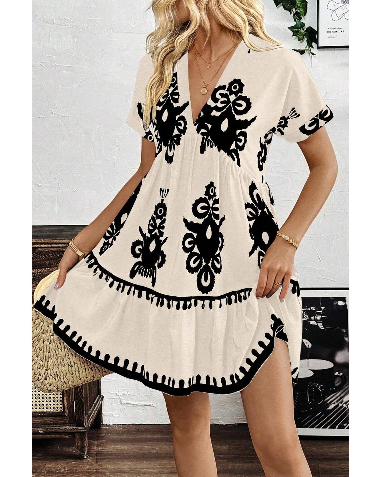 Black Vintage Print V Neck High Waist Short Sleeve Dress - XL