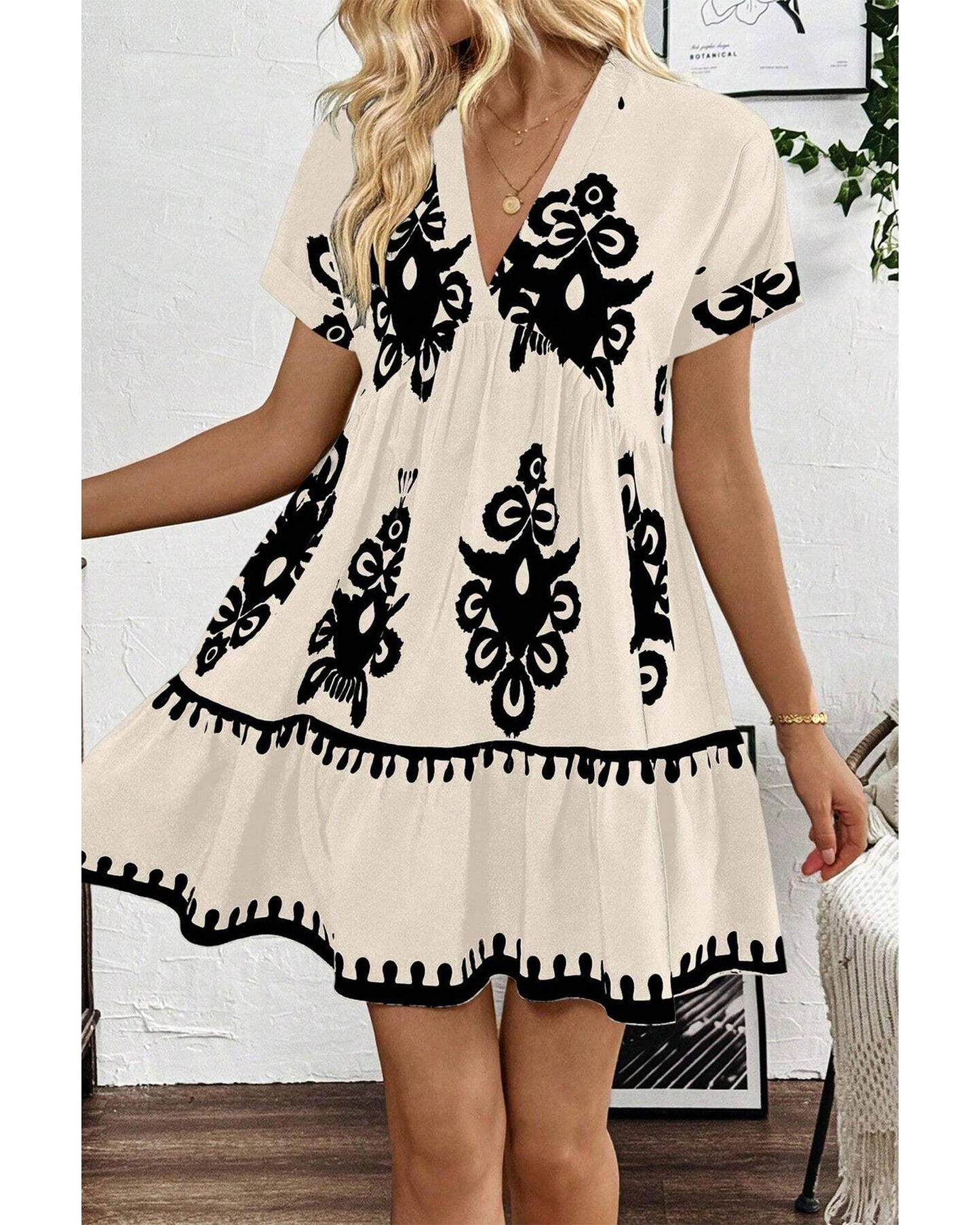 Black Vintage Print V Neck High Waist Short Sleeve Dress - XL