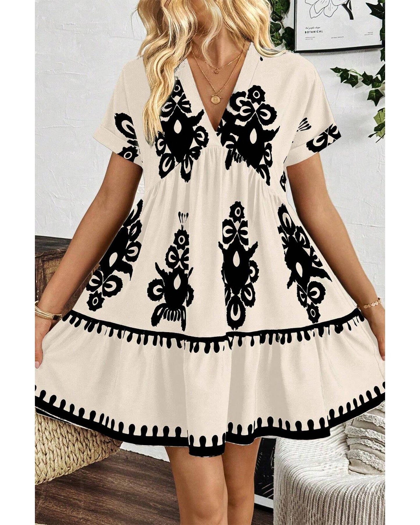 Black Vintage Print V Neck High Waist Short Sleeve Dress - XL