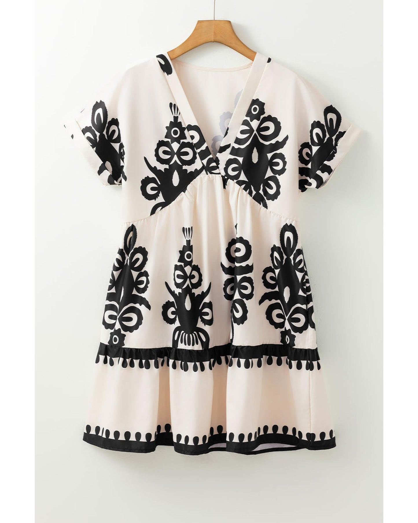 Black Vintage Print V Neck High Waist Short Sleeve Dress - XL