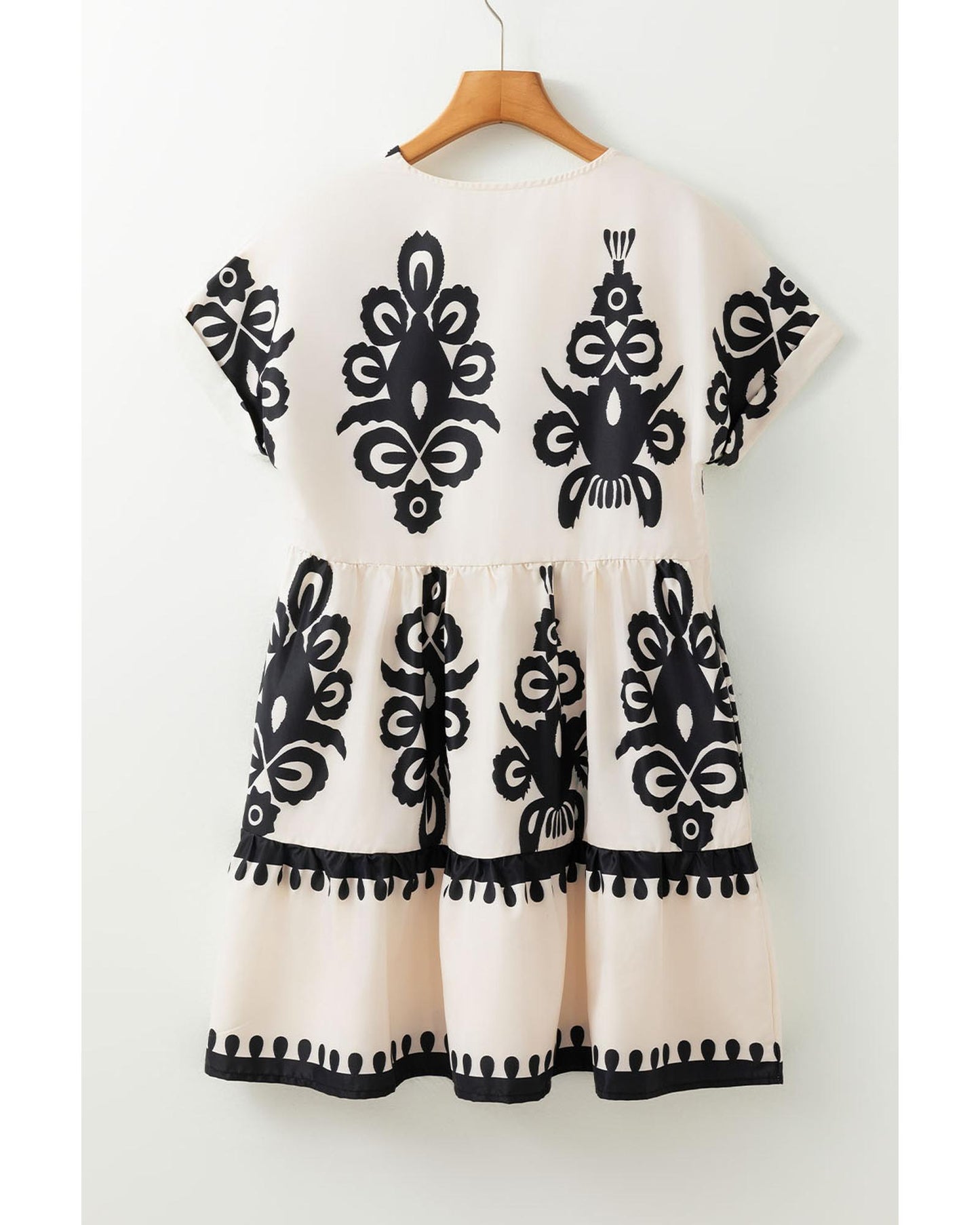 Black Vintage Print V Neck High Waist Short Sleeve Dress - XL