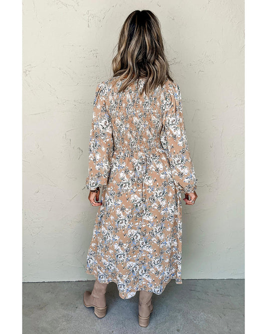 Khaki Maple Grove Floral Smocked Puff Sleeve Long Dress, Women's Boho Maxi