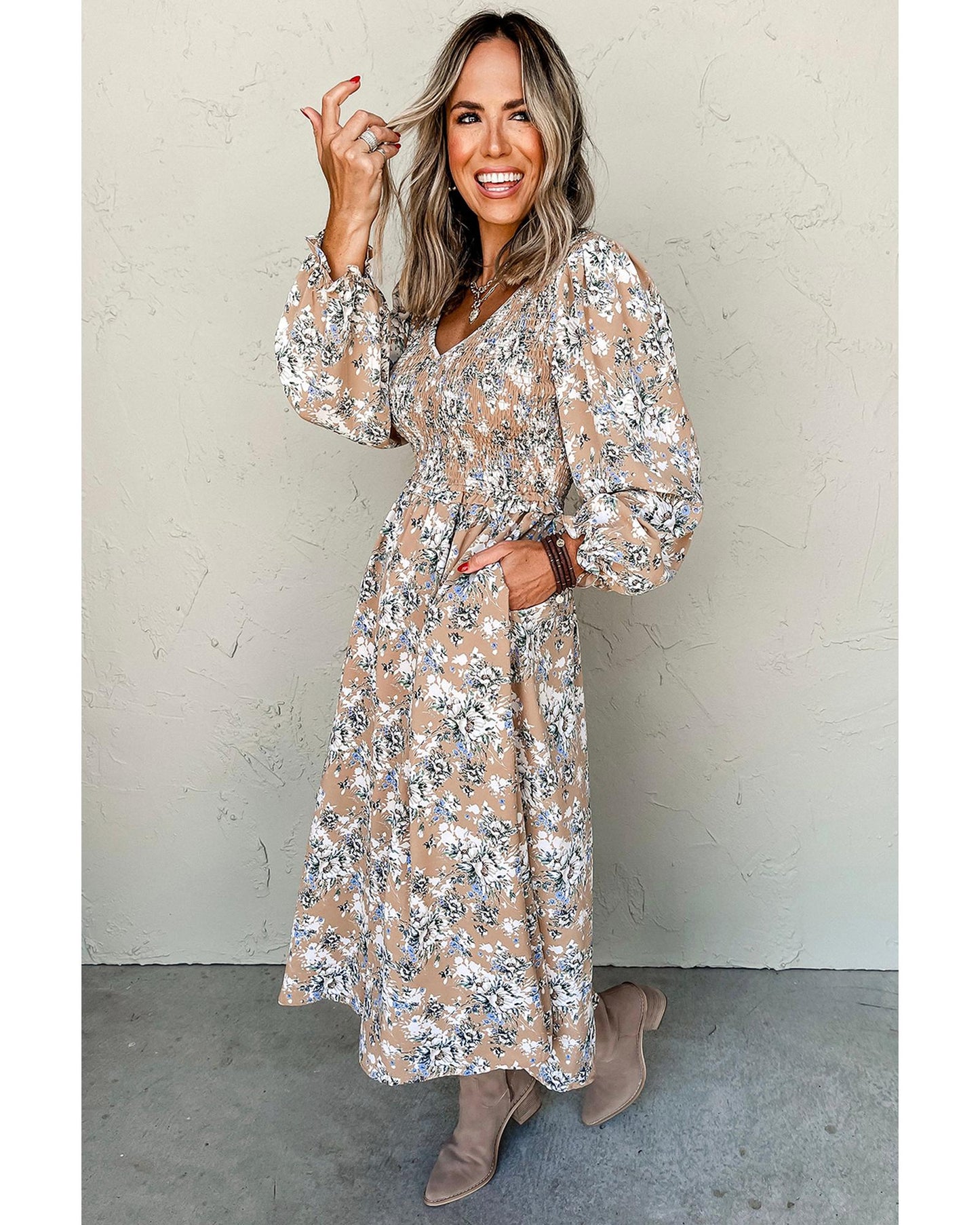 Maple Grove Floral Smocked Puff Sleeve Long Dress Smocked Bodice Boho Midi Style