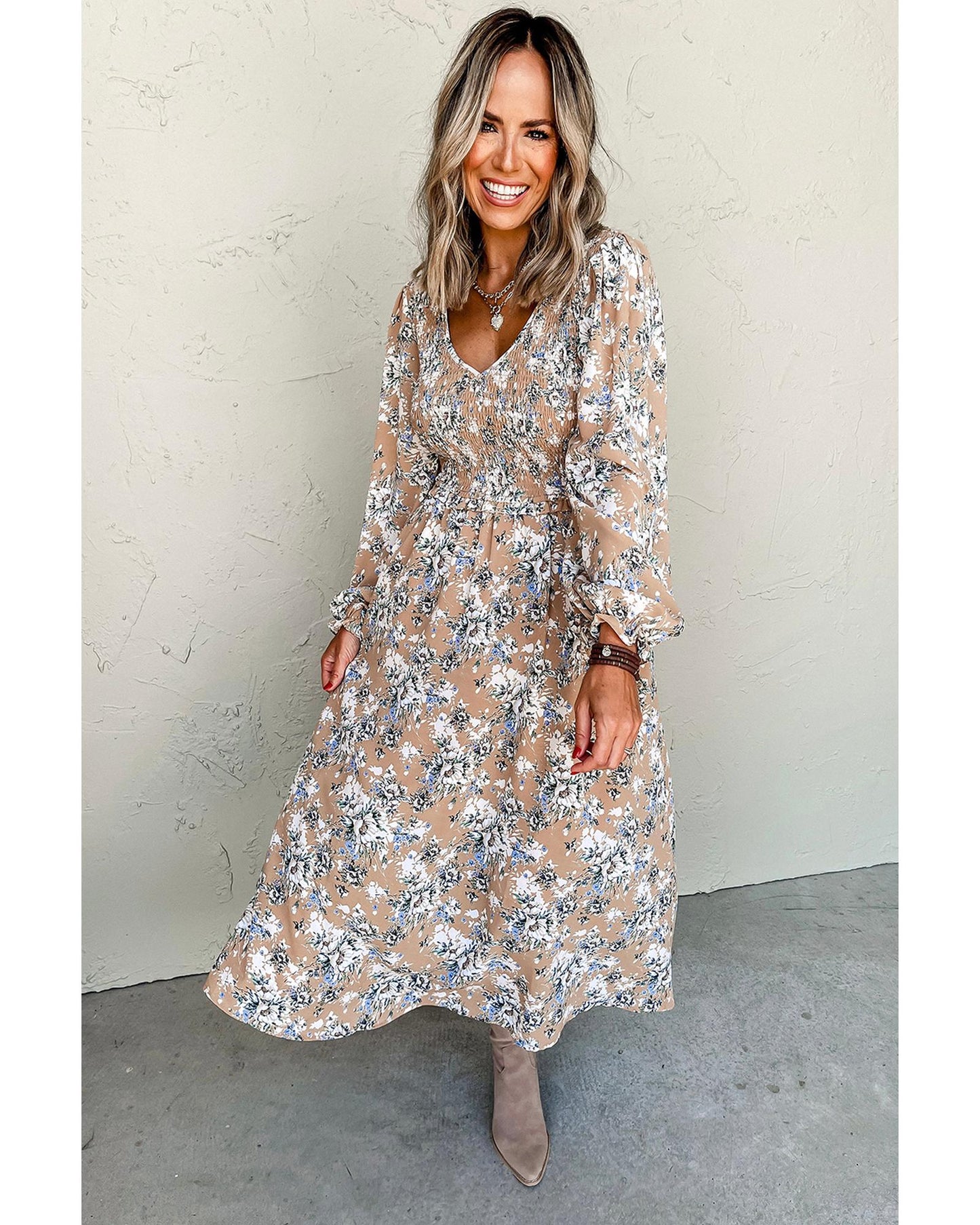 Maple Grove Floral Smocked Puff Sleeve Long Dress Smocked Bodice Boho Midi Style