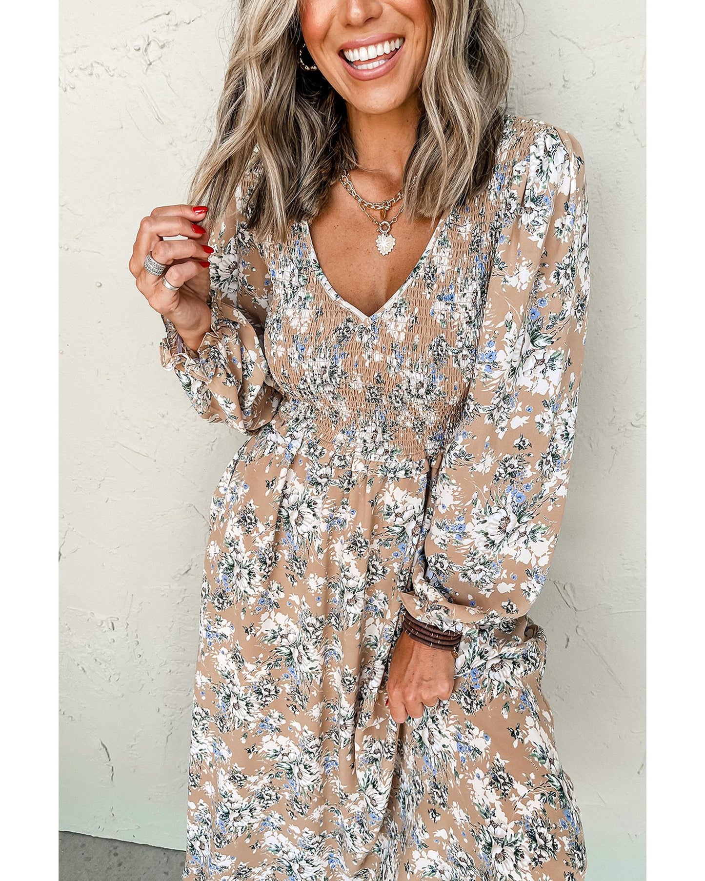 Maple Grove Floral Smocked Puff Sleeve Long Dress Smocked Bodice Boho Midi Style