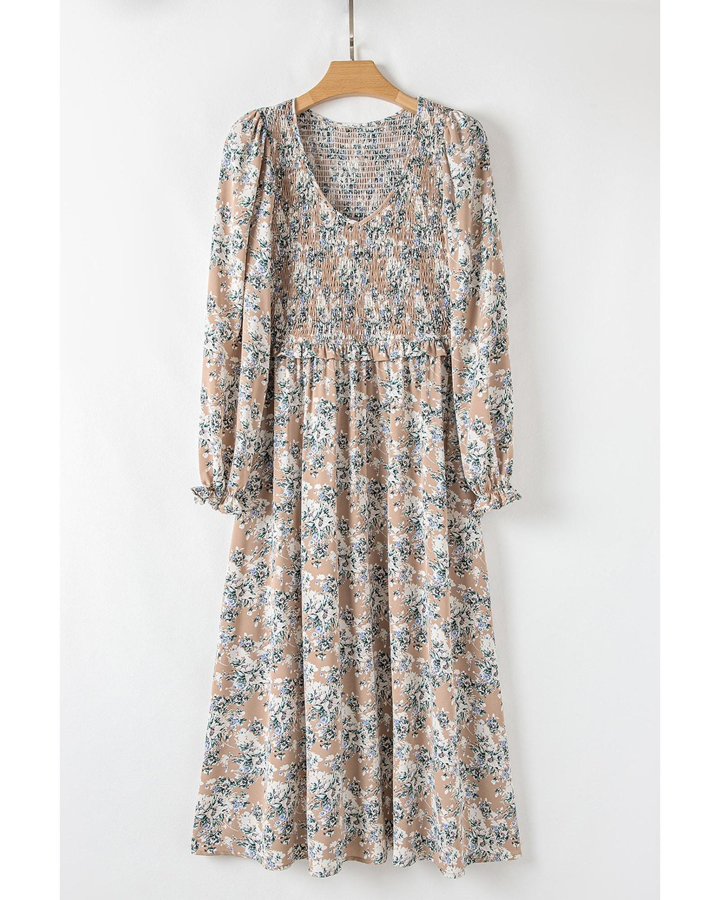 Maple Grove Floral Smocked Puff Sleeve Long Dress Smocked Bodice Boho Midi Style