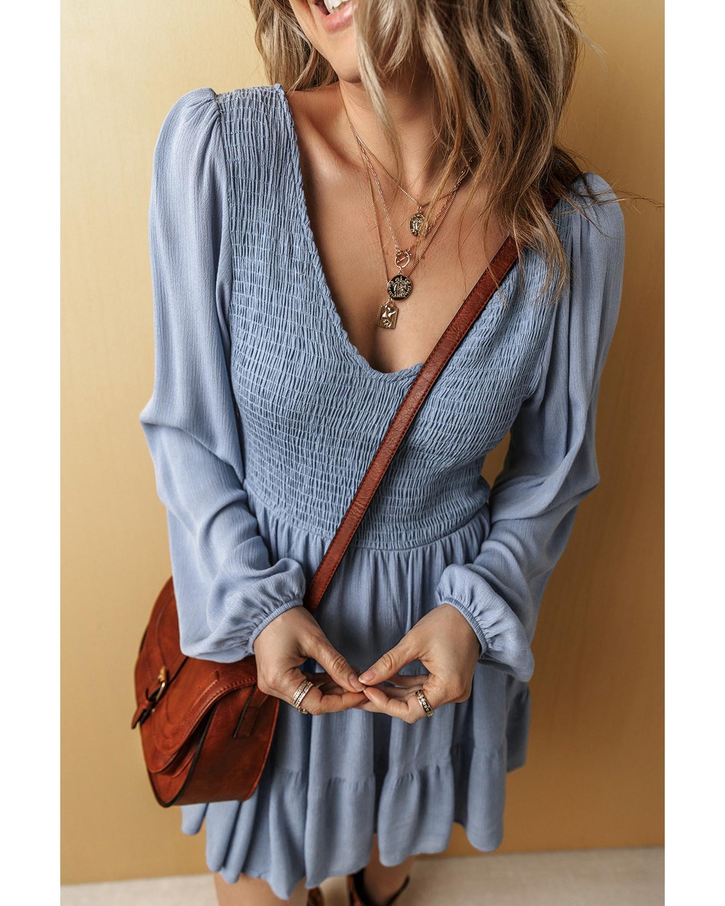 Ashleigh Blue Long Sleeve V Neck Smocked Tiered Mini Dress - L