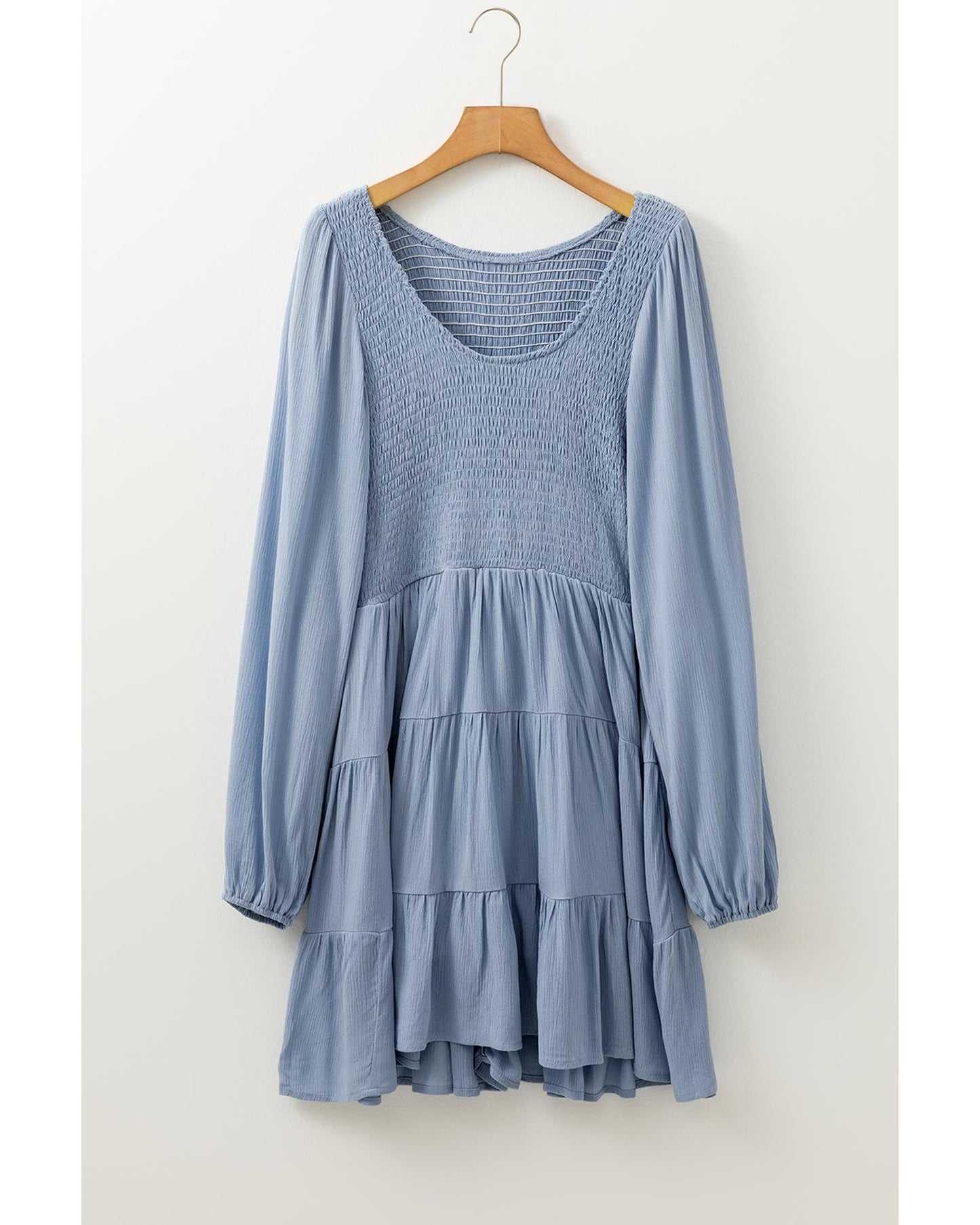 Ashleigh Blue Long Sleeve V Neck Smocked Tiered Mini Dress - L