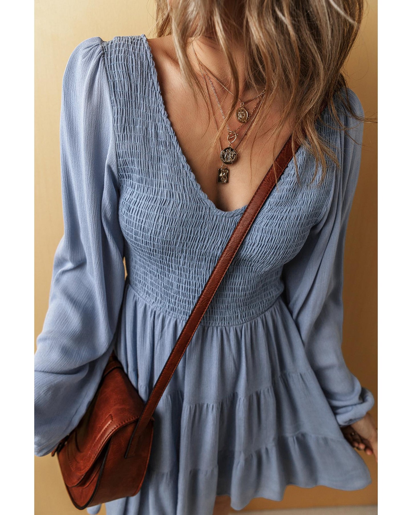 Ashleigh Blue Long Sleeve V Neck Smocked Tiered Mini Dress - M