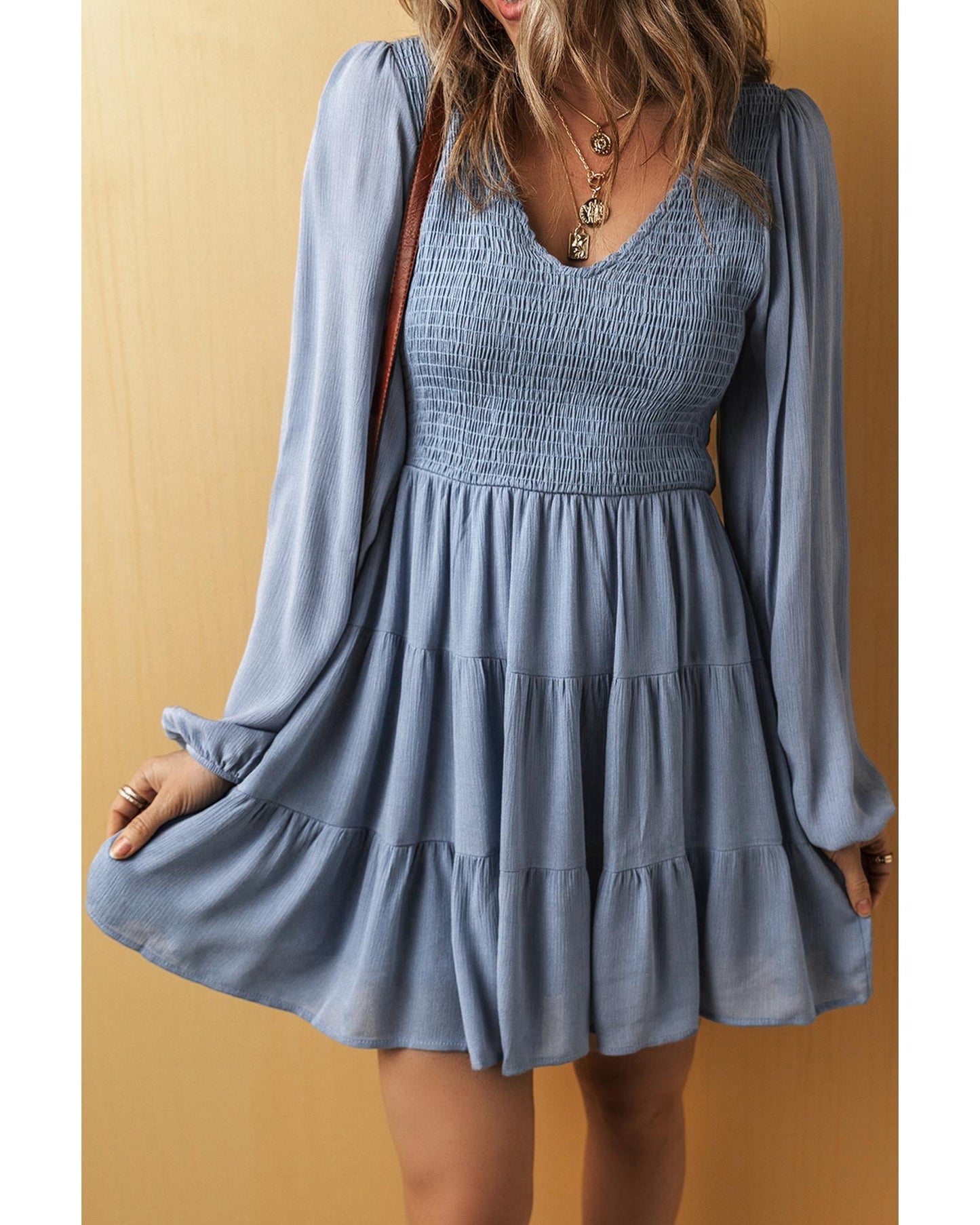 Ashleigh Blue Long Sleeve V Neck Smocked Tiered Mini Dress - XL